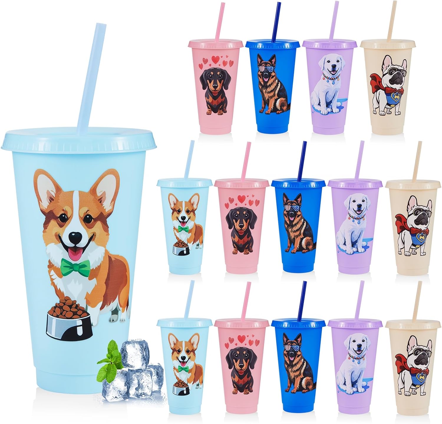 15 Pcs Dog Party Favors Cups with Lids and Straws, 24 oz Plastic Drink Cups Reusable Bulk Cute Dog Tumblers for Puppies Theme Party Supplies Birthday Party Gifts