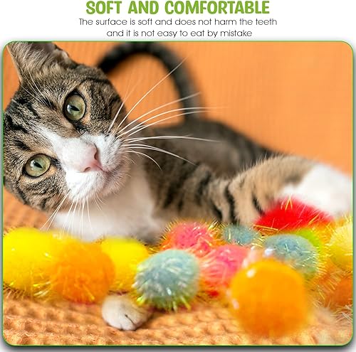 Miniatura 7 de 30 bolas de pompones brillantes de 1.6 pulgadas para gatos, bolas interactivas con purpurina, multicolor, lo mejor como juguetes de juego para