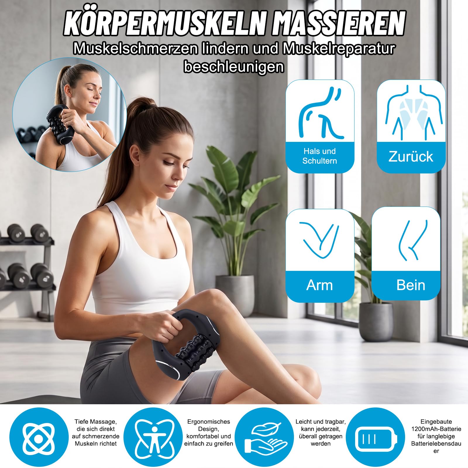 Massageroller Elektrisch Handmassagegerät,mit 9 Geschwindigkeitsstufen, 1200mAh Akku Massagegerät für Tiefengewebsmassage, Tragbarer Rollmassagegerät für Muskeln & Ganzkörperentspannung