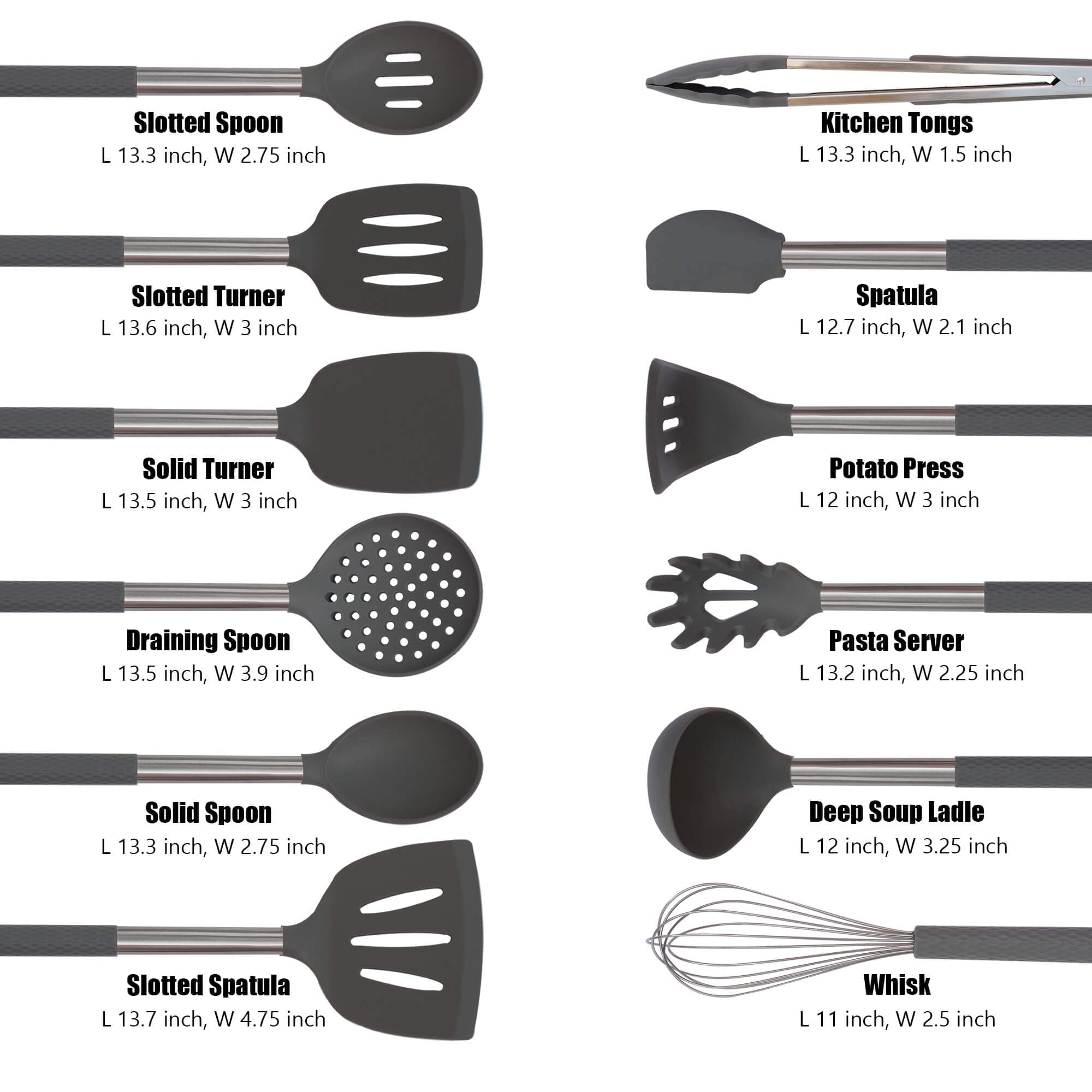 Set di utensili da cucina: utensili da cucina in silicone con manico in acciaio inox, set da 12 (grigio)