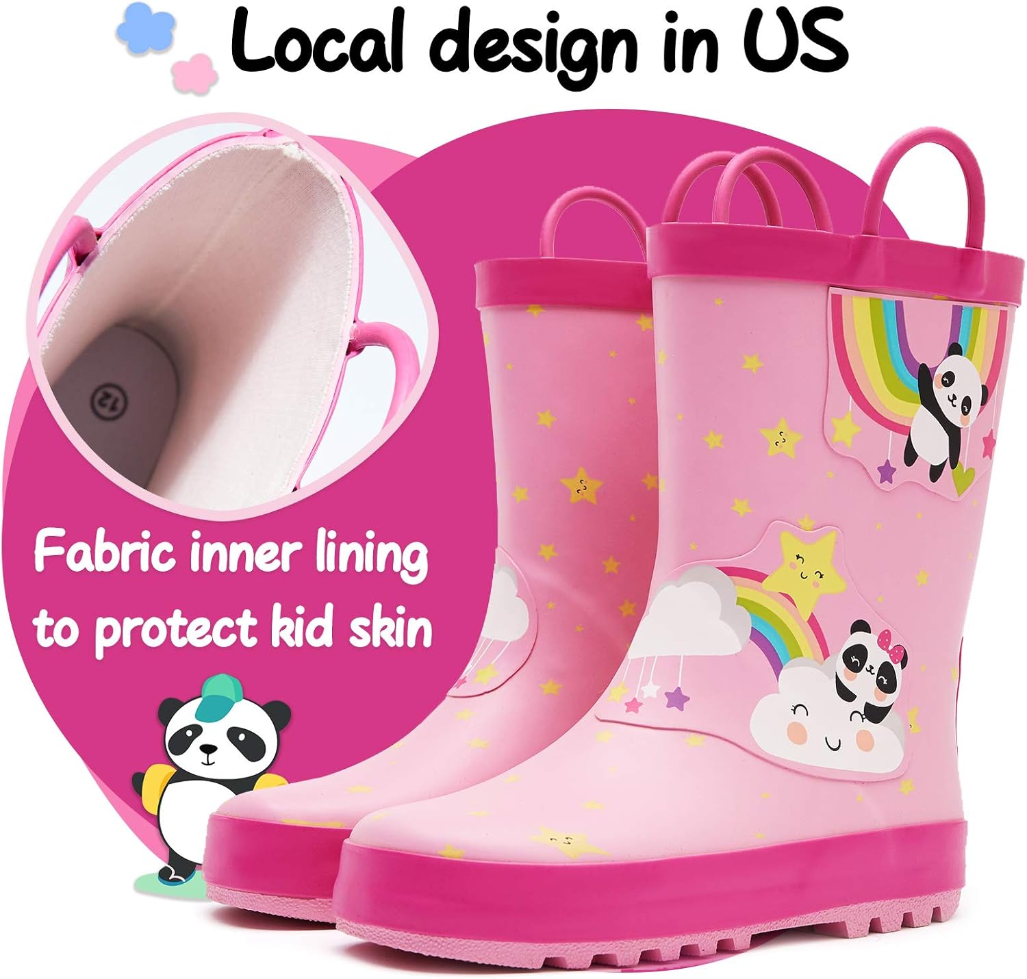  | K KomForme Kids Girl Boy Rain Boots, Waterproof Rubber Printed with Handles | Rain Boots