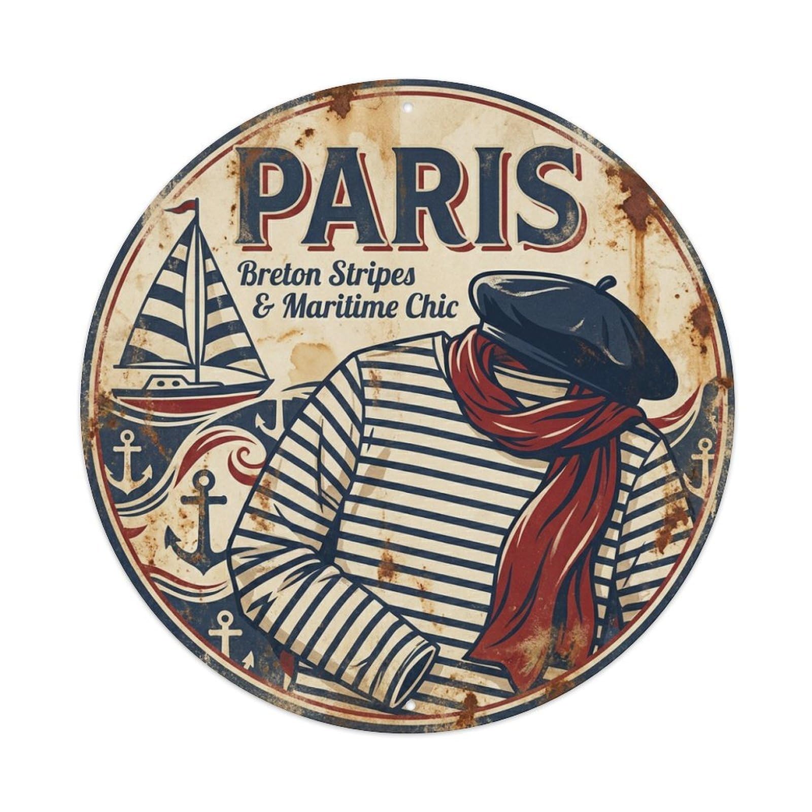 Olhnbad Style Coastal Route Paris Breton Stripes Maritime Chic Travel Metal Tin Sign
