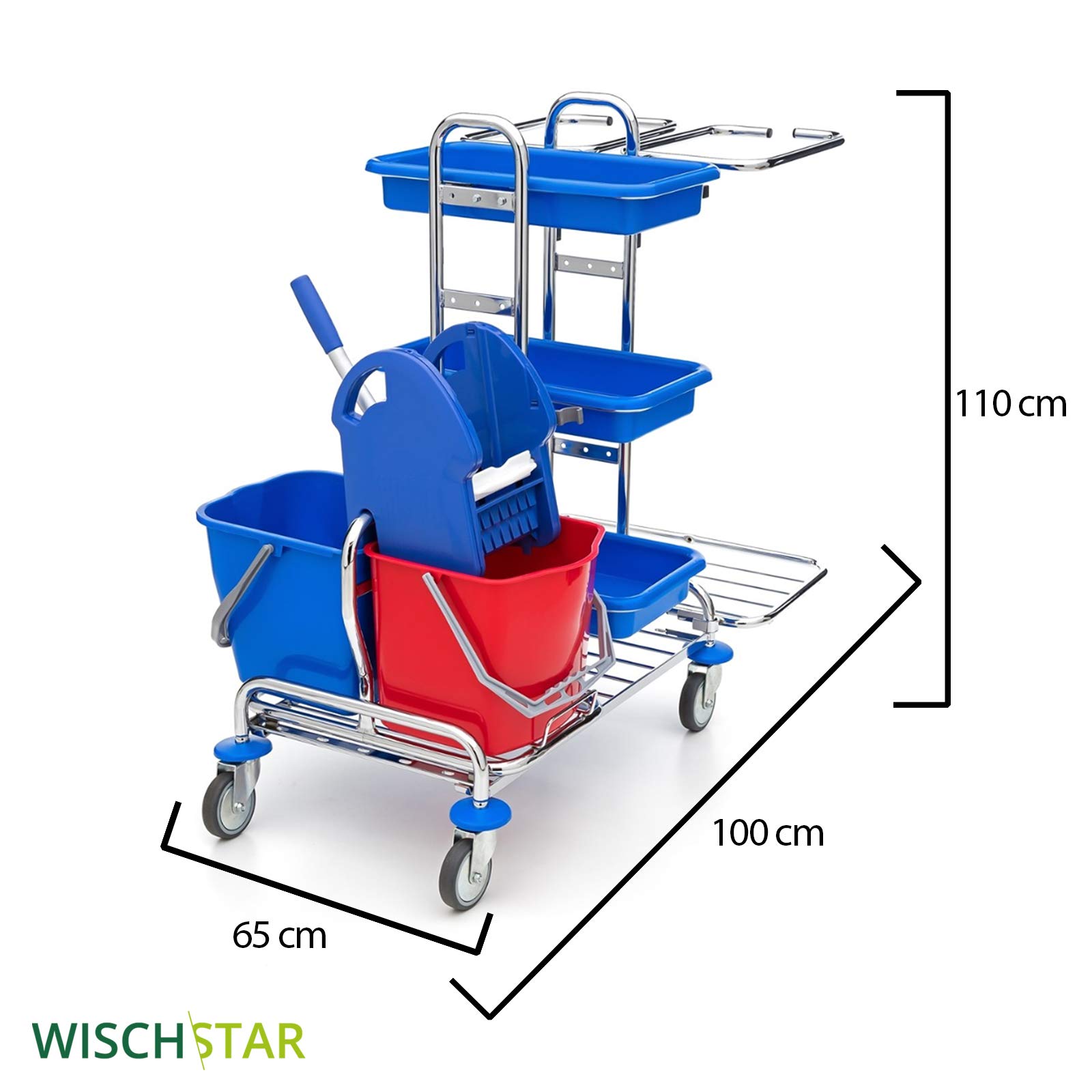 Wisch-Star Chrom Putzwagen Reinigungswagen mit Presse, 2X 17 Liter Eimer, 3X Ablagefächer und 2X 120 Liter Müllsackhalterung