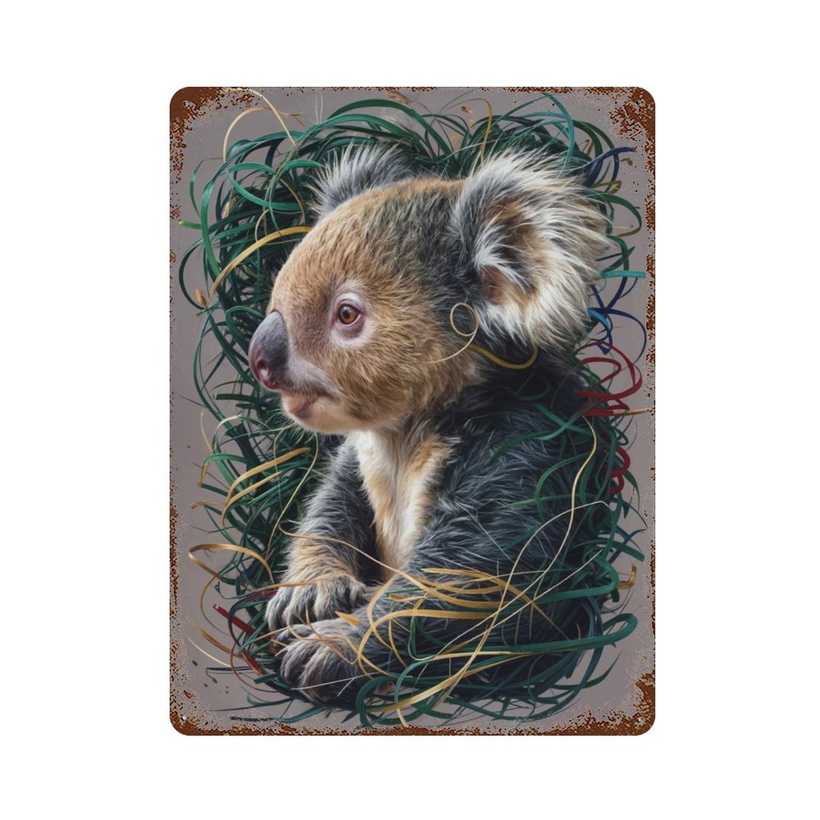 Koala in Green And Gold Rust Effect Tin Sign 15.7"x11.8", Novelty Wall Decor for Garage, Pub Or Kitchen