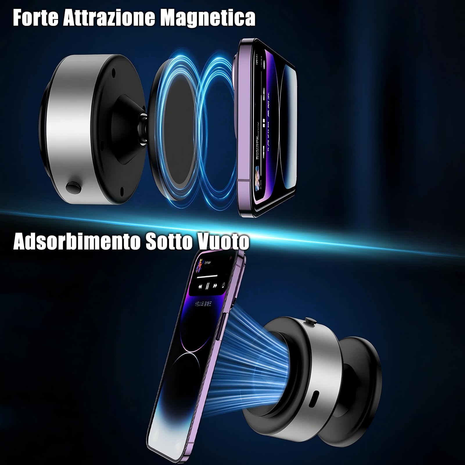 WODHMIEY Supporto Magnetico Sottovuoto Per Telefono Da Auto Con Rotazione A 360°, Design Double Face: Magnete E Vuoto, Adatto Per Auto, Case,Adatto Per metalliche (Argento,