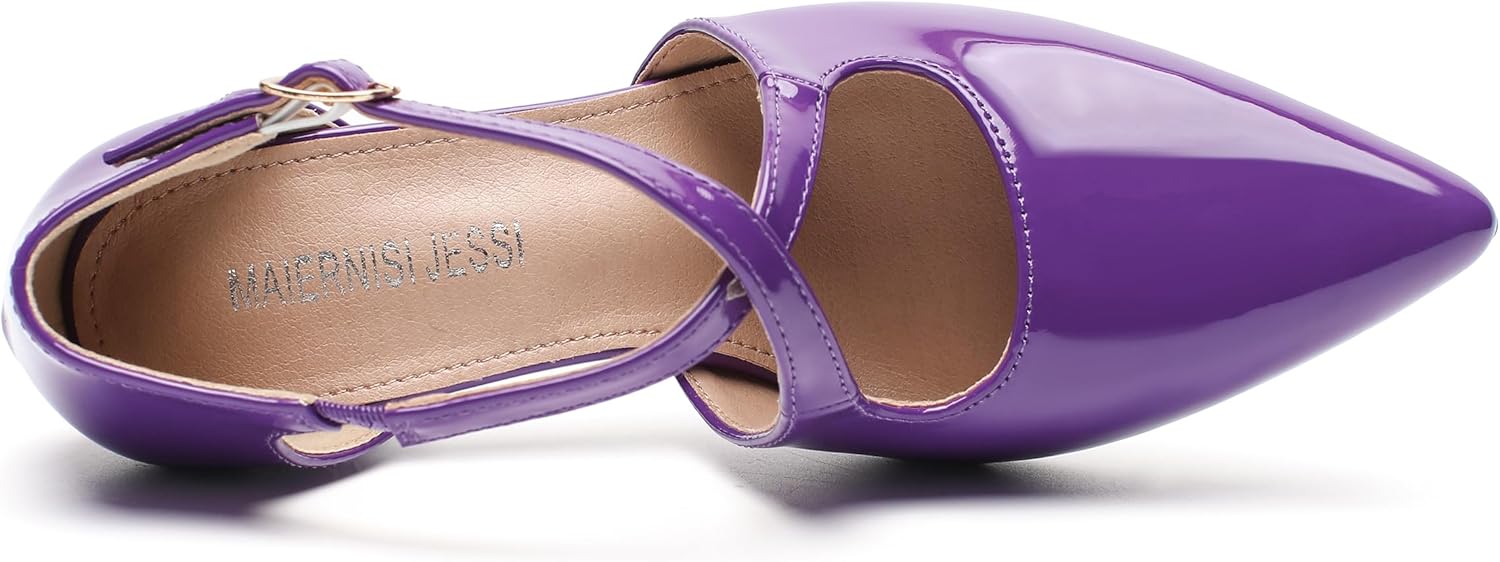 MAIERNISI JESSI Women's Pointed Toe Pumps, Crisscross Ankle Strap, 2 Inch Block Heel, Buckle Closure