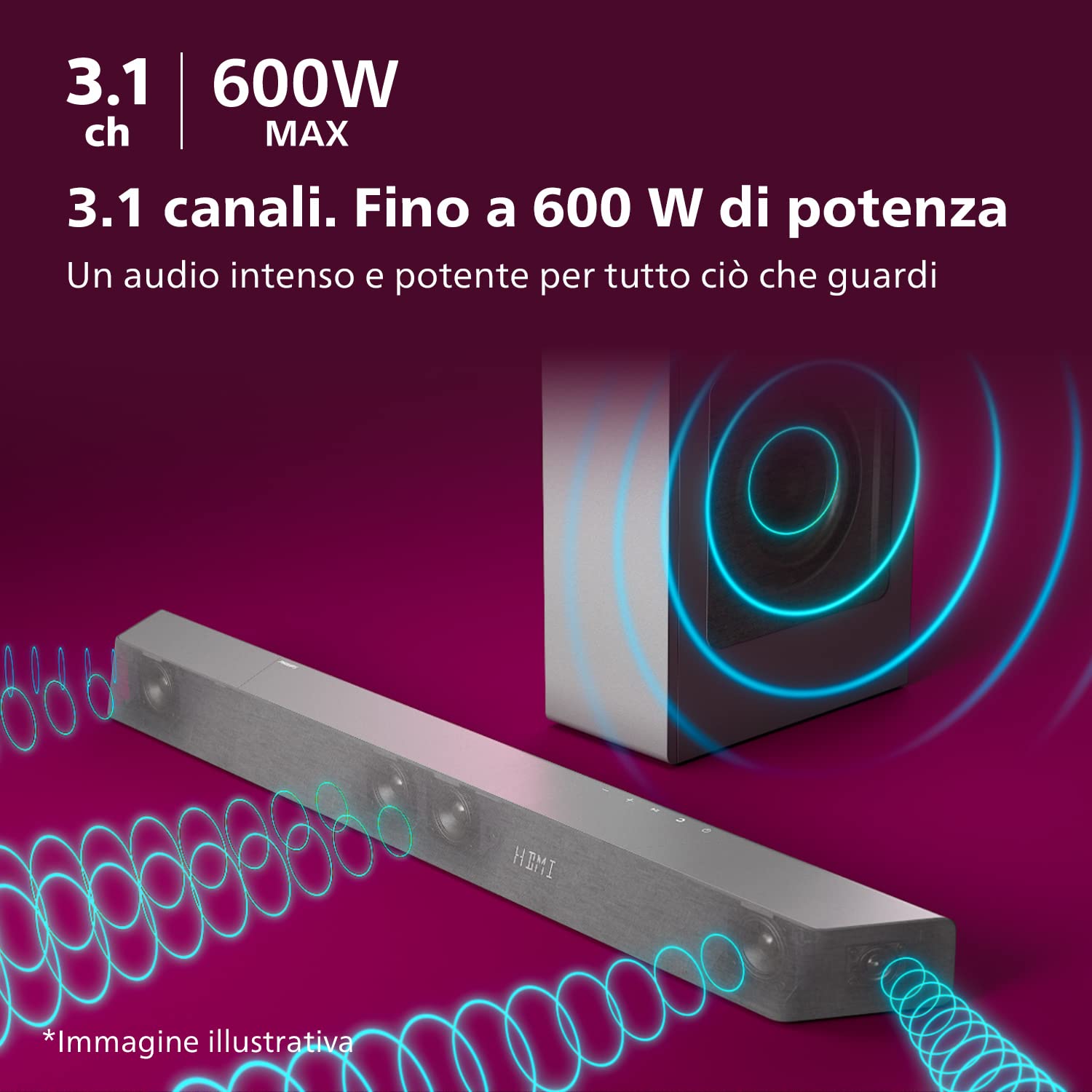 Philips TAB8507/10 Soundbar 3.1 Subwoofer Wireless, Dolby Atmos, Audio Cinematografico, HDMI eARC, 600W