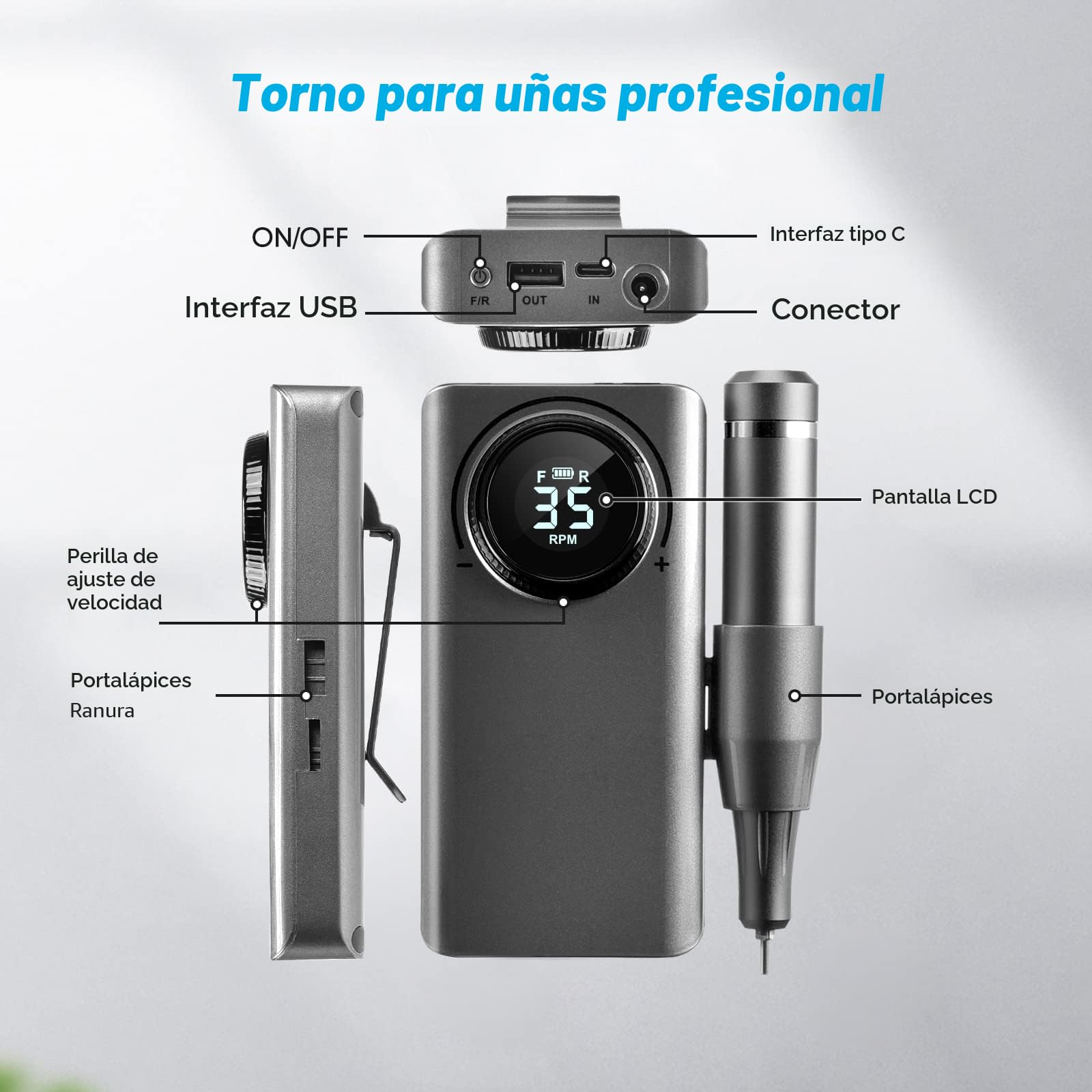 Torno para Uñas Profesional 35000 rpm Portátil Lima de Uñas Eléctrica Inalambrico Recargable Velocidad Ajustable Fresas Torno para Uñas con Pantalla LCD para Manicura Pedicura Salón Belleza