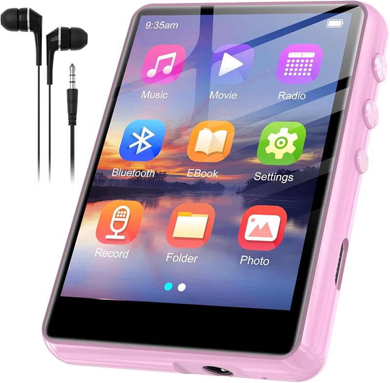 SWOFY Reproductor de MP3 de 128 GB con Bluetooth 5.3 – 2.4 pulgadas, sonido Hi-Fi, altavoz integrado, función de grabación, radio FM, se puede ampliar a 512 GB (rosa)