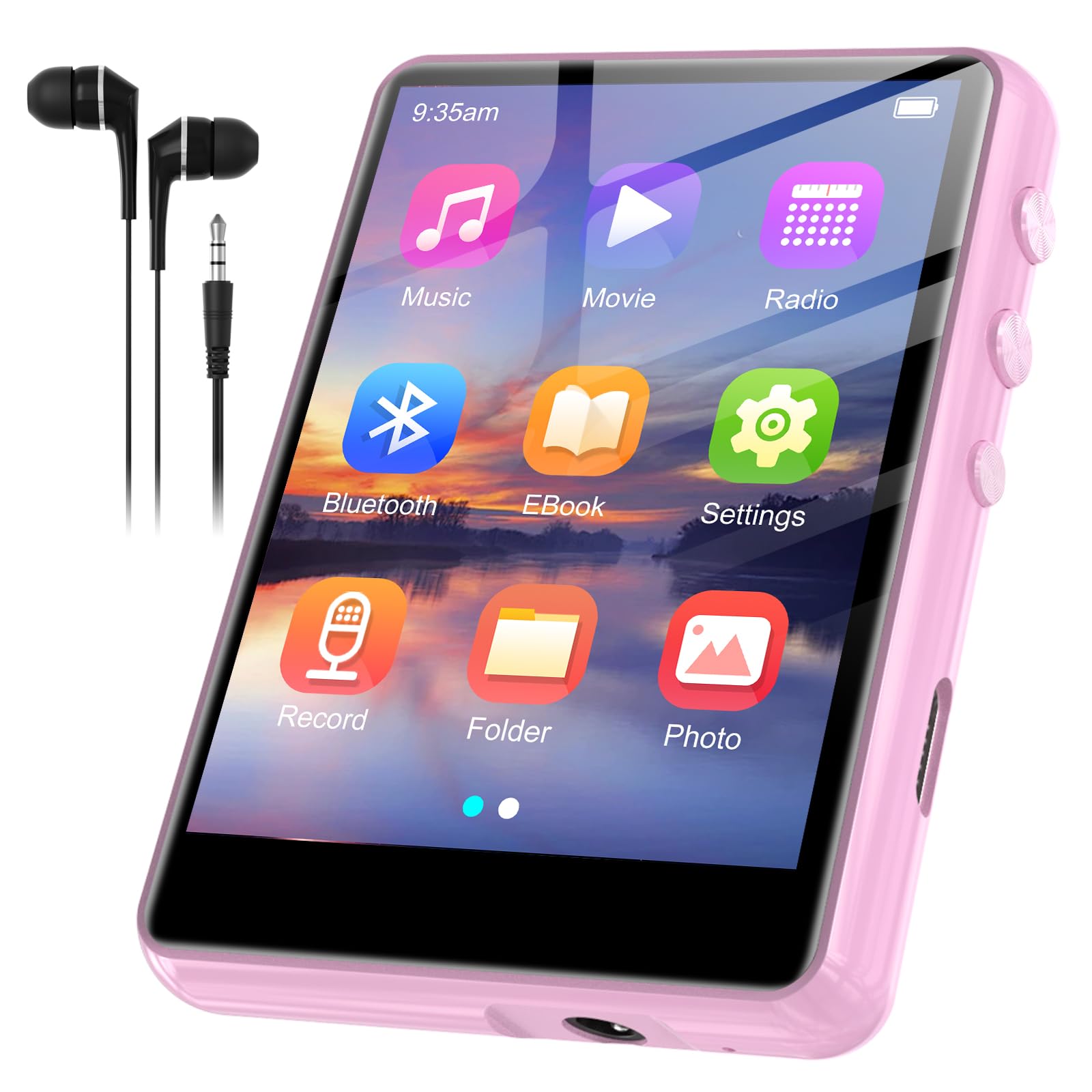 SWOFY Reproductor de MP3 de 128 GB con Bluetooth 5.3 – 2.4 pulgadas, sonido Hi-Fi, altavoz integrado, función de grabación, radio FM, se puede ampliar a 512 GB (rosa)