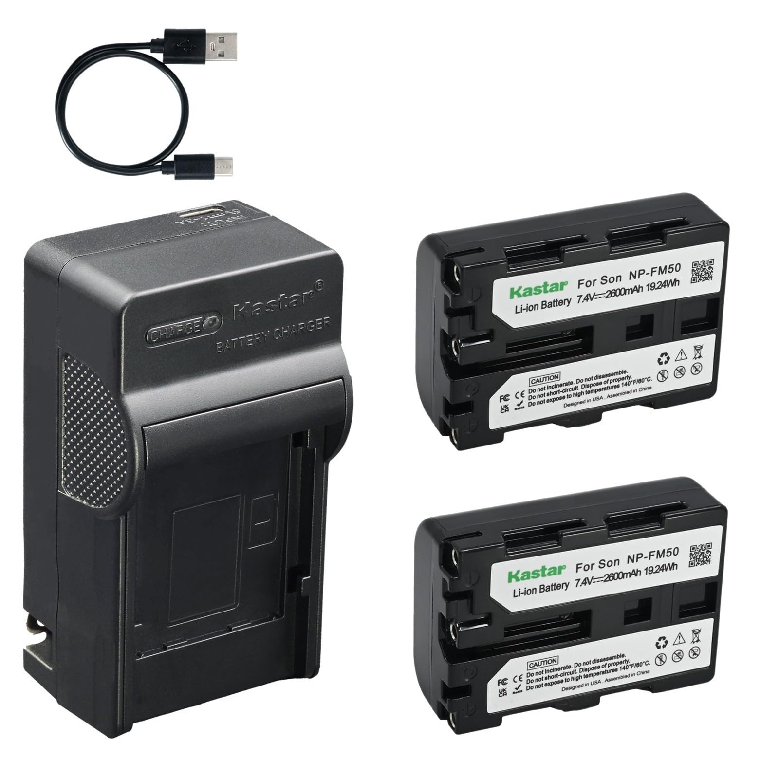 Kastar 2-Pack Battery and AC &amp; USB-C Charger, Compatible with Sony NP-FM30 NP-FM40 NP-FM50 NP-FM55H NP-FM60 NP-QM50 and Sony CCD-TRV108 218 250 328 DCR-TRV22 33 40 60 70 80 PC100 PC120 DSC-F707 F717