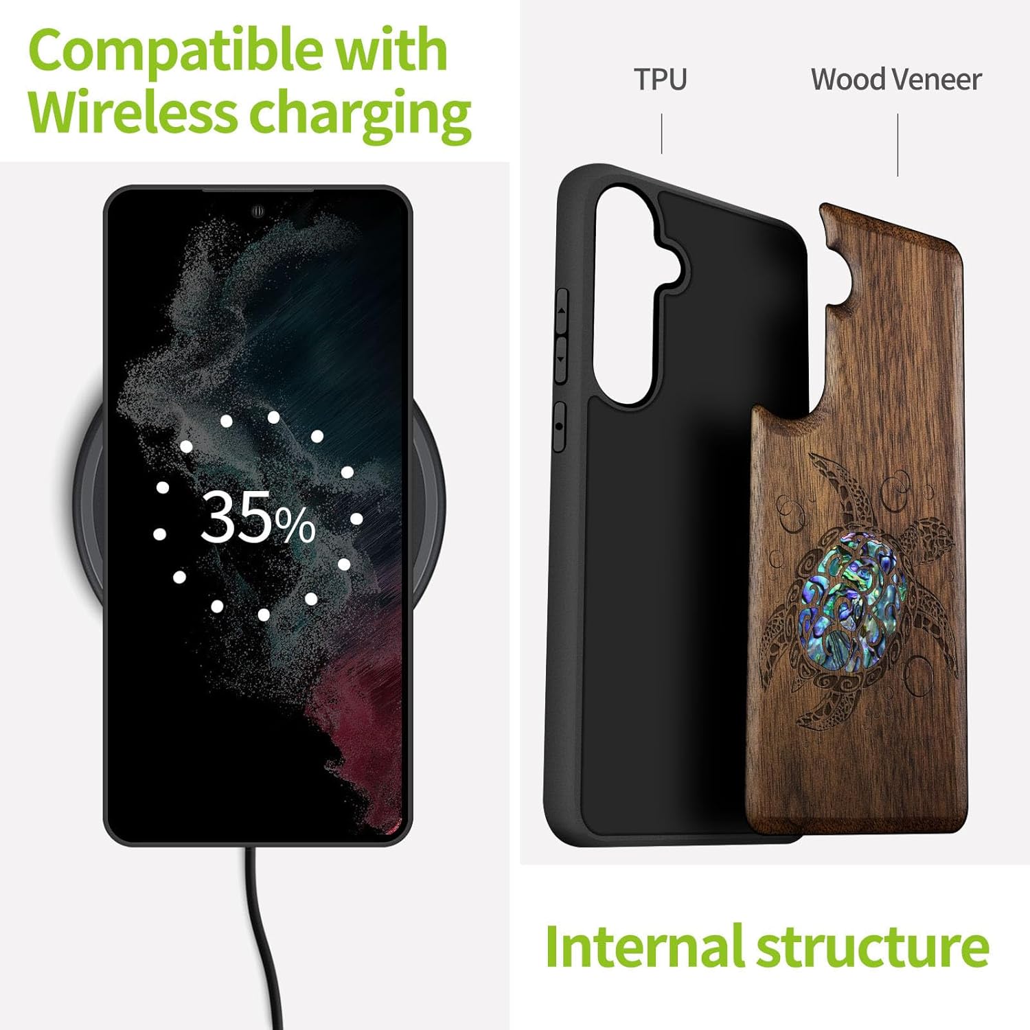 Carveit Designer Wooden Case for Samsung Galaxy S24 FE Case [Wood Engraving & Shell Inlay] Compatible with Wireless Chargers S24 FE Cover (Sea Turtle-Walnut)