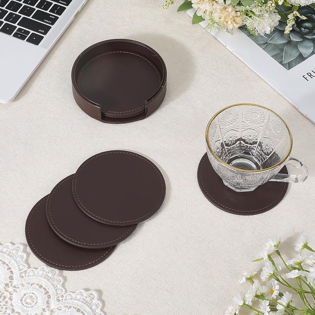 CALFOVERA 6PCS Brown PU Leather Coasters for Table Protection 10cm Round Drink Cup Holders Leather Handmade Table Mats Non Slip Thermal Insulation Pads with Base for Glass Coffee Cup Mug Home Bar - Image 3