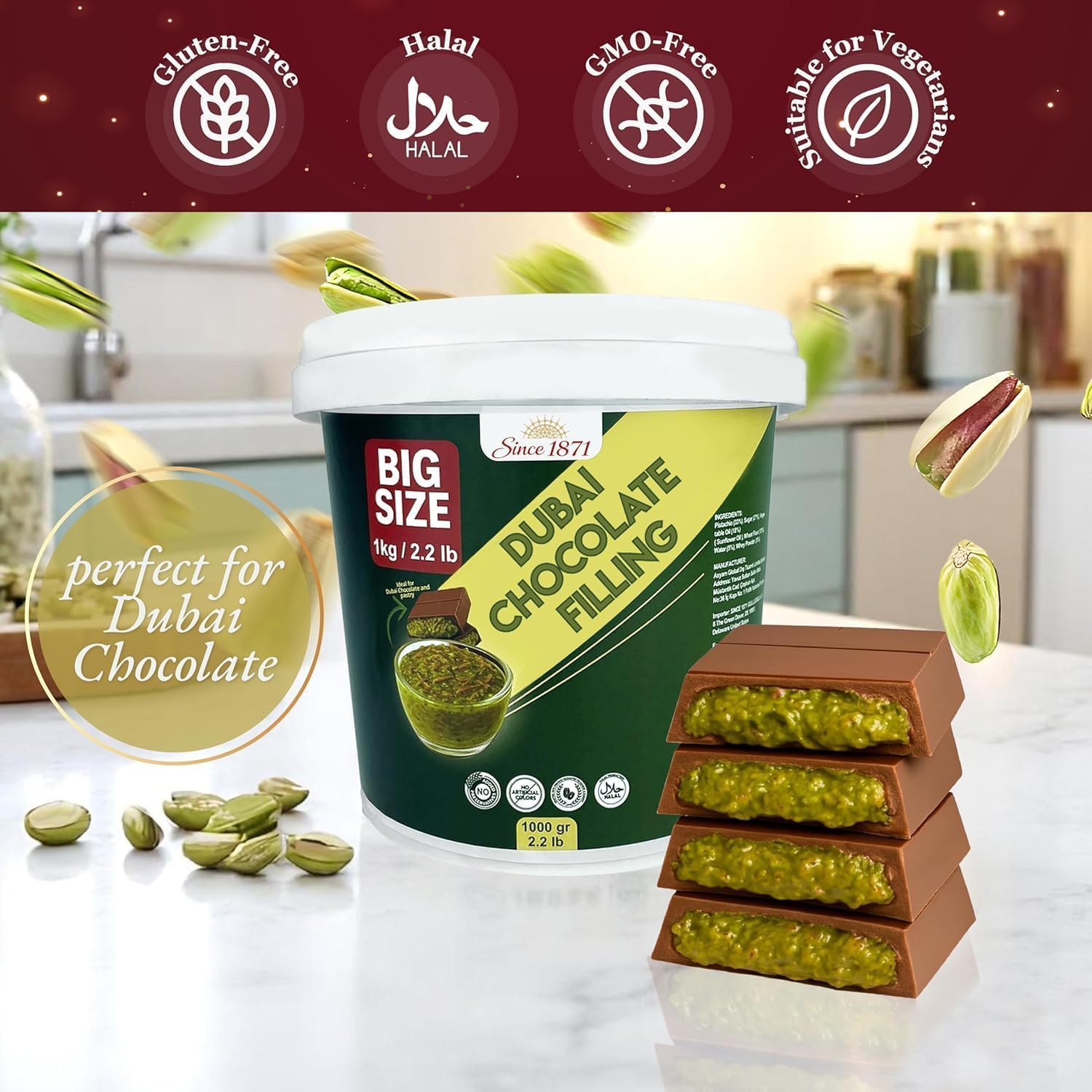 Garniture au Chocolat de Dubaï 1 Kg / 2.2 Lb de Crème de Pistaches avec Kadayif Croustillant | Dessert Gourmand du Moyen-Orient Meilleur Ingrédient pour le Chocolat de Dubaï | Trait Riche