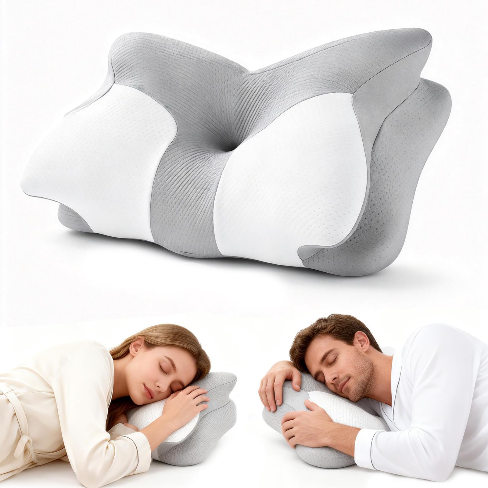 Ergonomiczna poduszka na szyję 2 w 1, poduszka memory w kształcie szyi dla osób śpiących na boku, plecach i brzuchu 62 × 40 × 9/15 cm (szara)