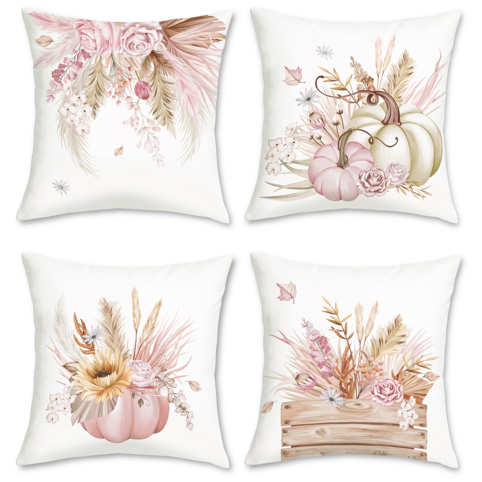 COZZSNUGE Autumn Pumpkin Cushion Covers - Set Of 4, 45x45 Cm, Pink Pumpkins & Flowers Velvet, Sofa Living Room Decor