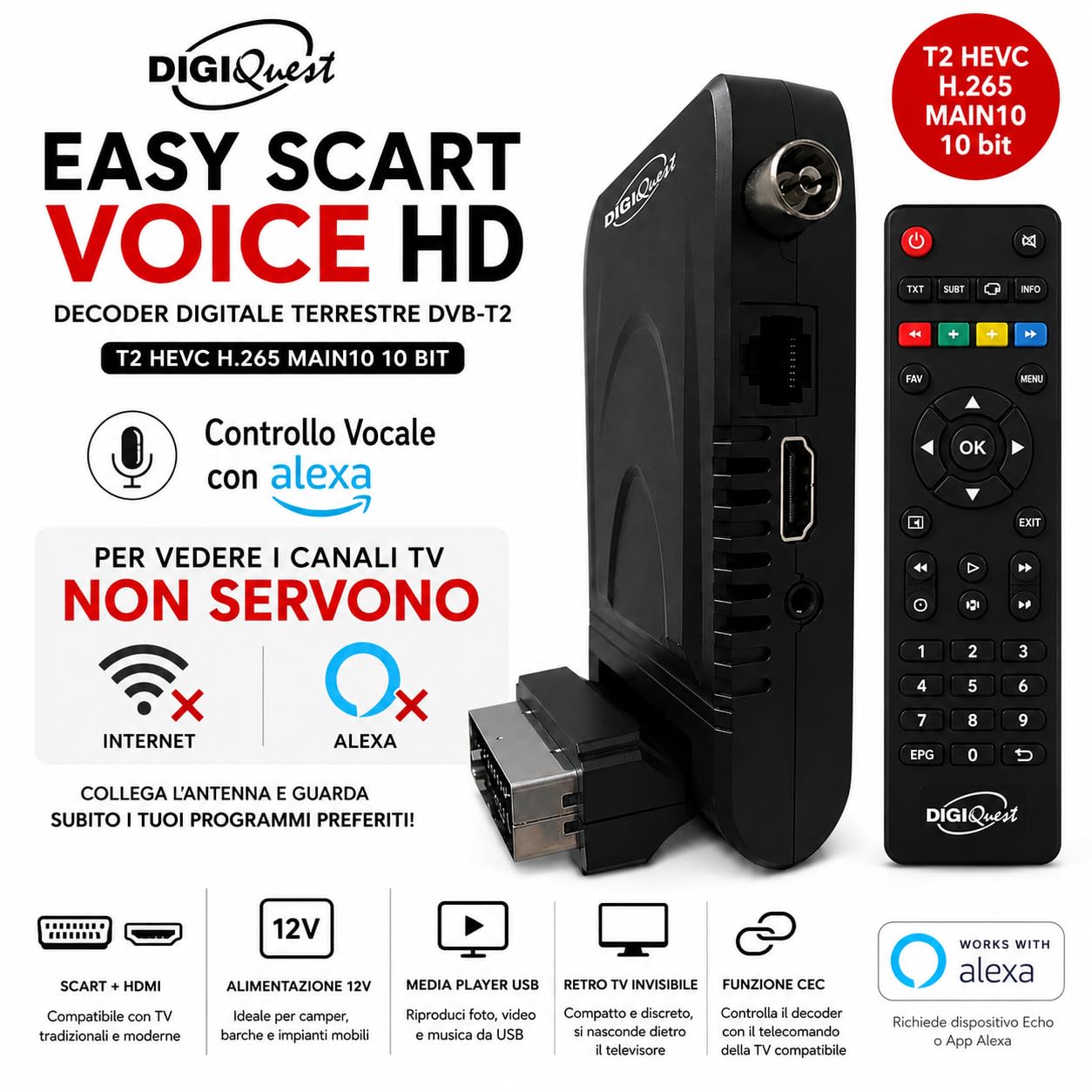 DigiQuest Récepteur HDTV numérique DVB-T/T2 HEVC H.265 HDMI, péritel, œil Infrarouge, USB 2.0