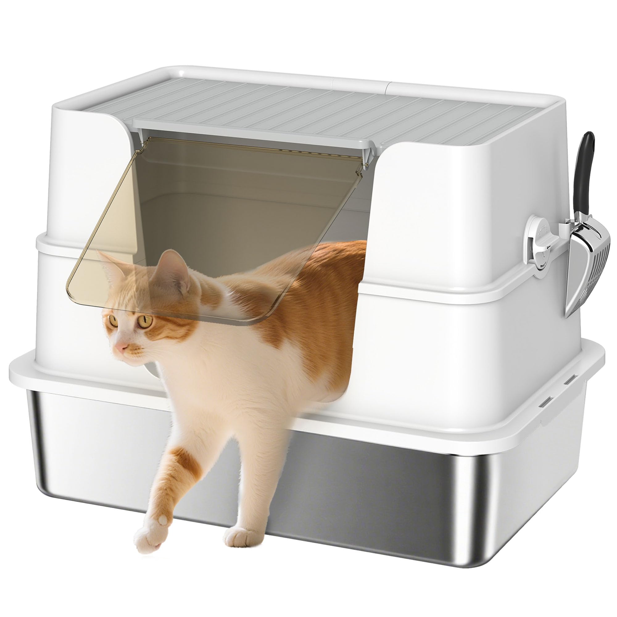 PawHut Lettiera per gatti in acciaio inox con coperchio, XL, con paletta, pedale, facile da pulire, resistente agli odori per gatti di grandi dimensioni fino a 15 kg, 60,2 x 40,2 x 44,5 cm, grigio