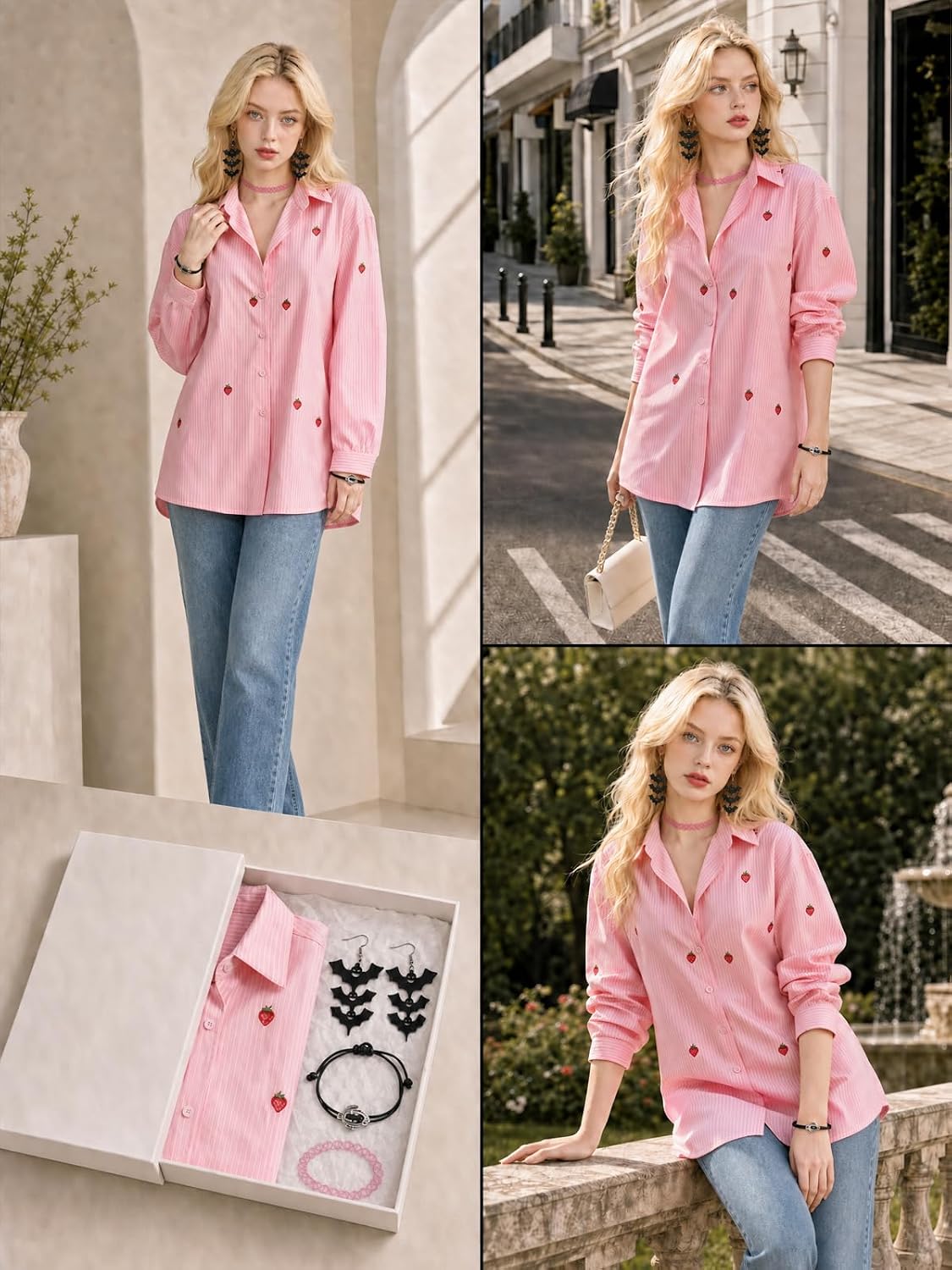 Lapel Collar Strawberry Embroidery Button Down Shirt