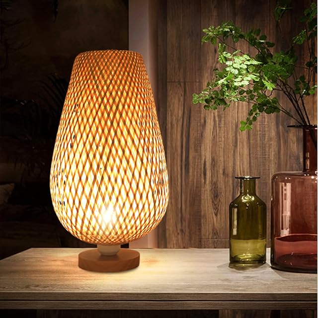 GUANSHAN Bamboo Woven Table Lamp Japanese Style Bamboo Woven Decorative Table Lamp Decorative Light Table Lighting for Bedroom and Living Room, Style 2