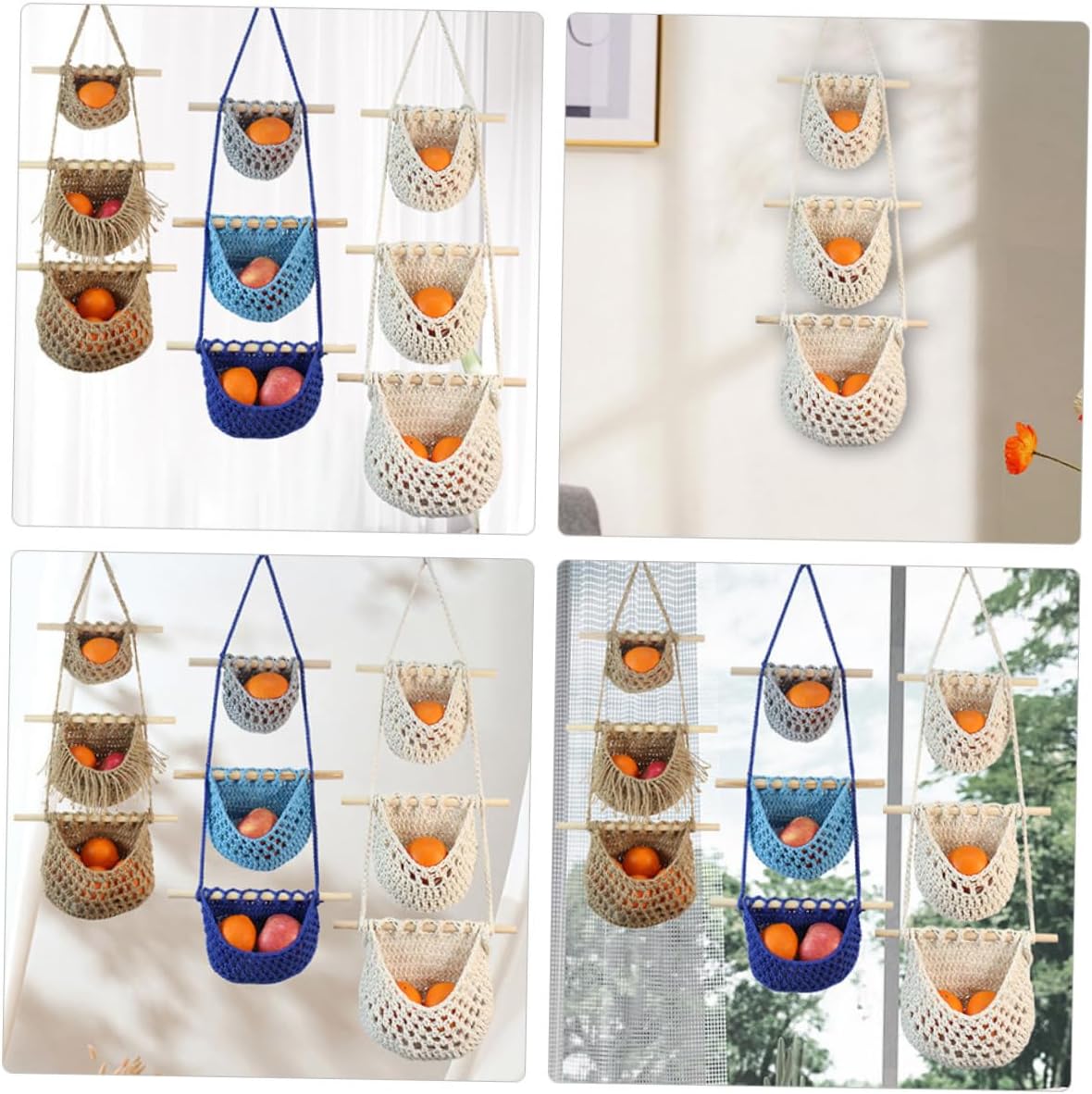 2Pcs Hand Woven Hanging Fruit Baskets Mesh Design Storage Organizer for Kitchen Rope Fruit Hammock for Vegetables and Home Decor