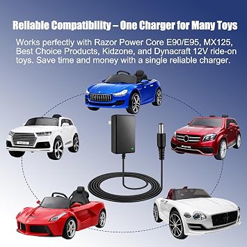 12V Ride On Toy Charger, 5.5mm x 2.1mm Round Plug, 6.6FT Cable