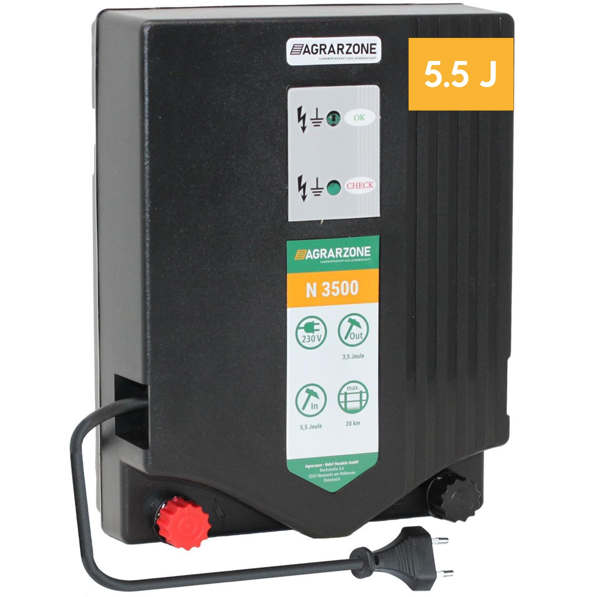 Agrarzone Elettrificatore per recinti N 3500 230V, 5,5 Joule - Potente e affidabile per recinzioni Fino a 20 km (11.000 V) - con Spia LED di Controllo, Ideale per Cavalli, bovini e Ovini