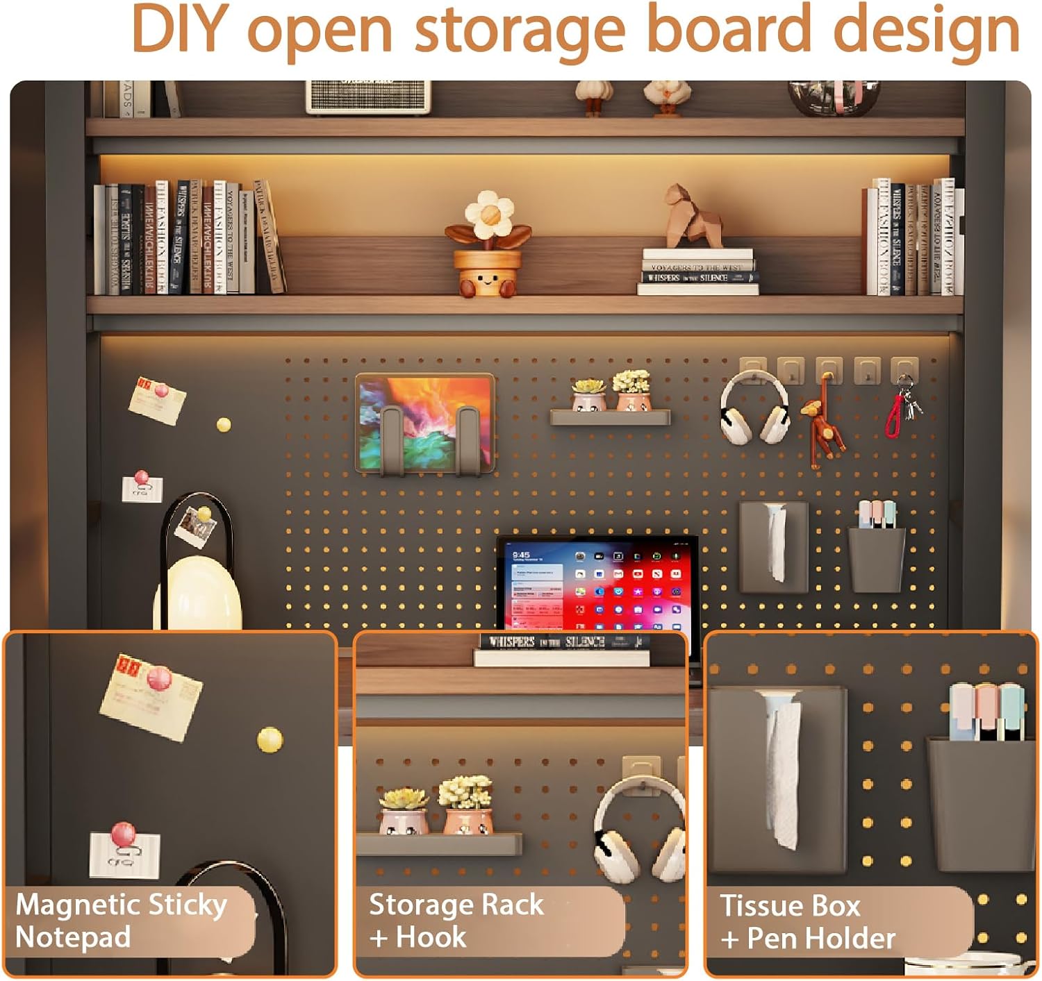 Desk Shelf Organizer for Top of Desk – Desktop Bookshelf with Pegboard & Storage Accessories, Adjustable Hutch for Dorm or Office, Steel Frame Display S Black frame + dark brown board 21.7*9.8*36.6in