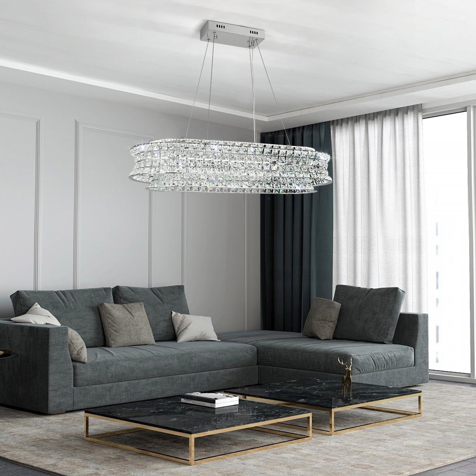 Lampadario moderno di cristallo per il soggiorno, luci a sospensione a LED cromate, lampada a sospensione ovale di cristallo per soggiorno, sala da pranzo, ristorante, 80 x 35cm