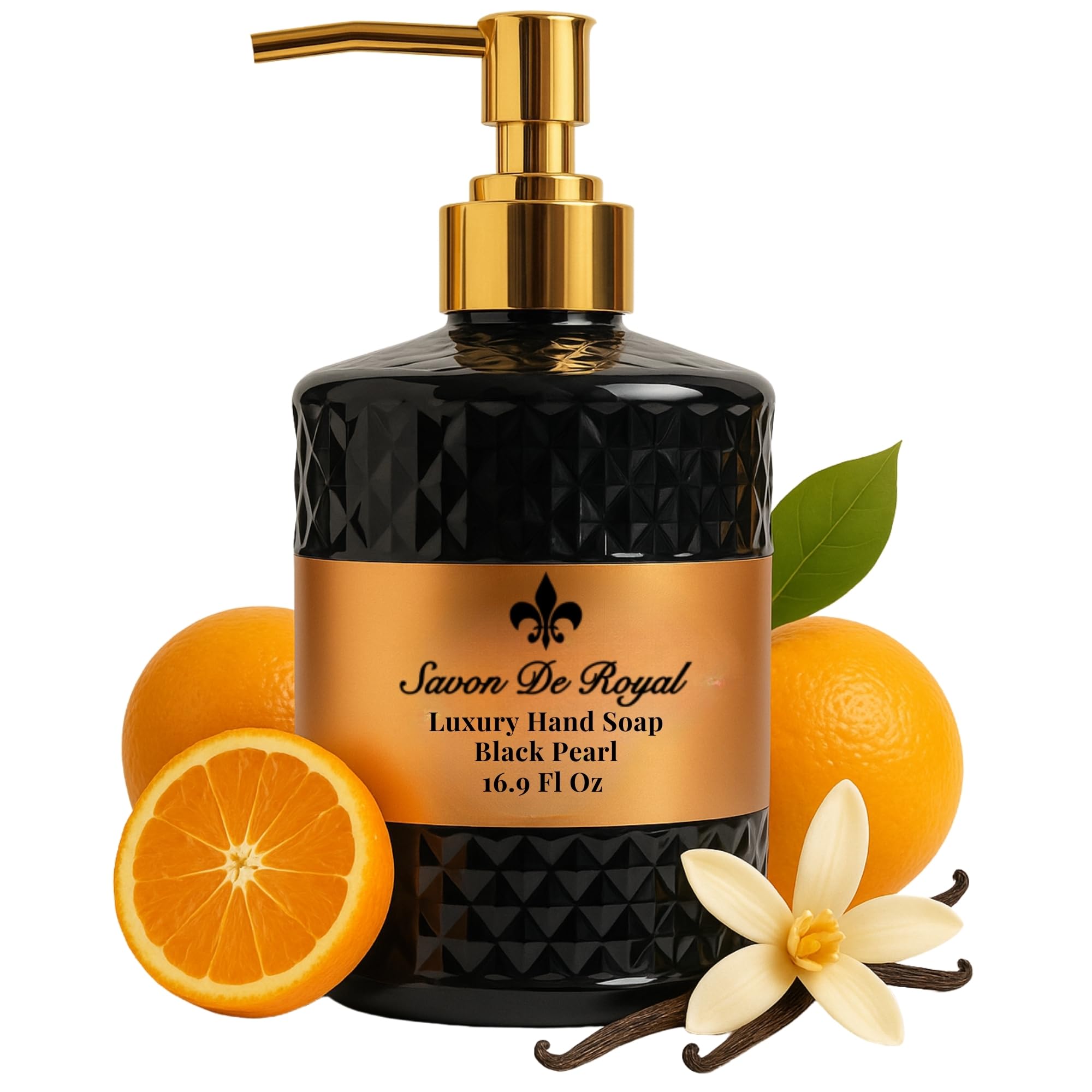 Savon De Royal Luxury Liquid Hand Soap, Vanilla - Orange Scent, Moisturizing Vegan Kitchen & Bathroom Soap for Hand Wash, Gentle & Nourishing Formula, Refillable Bottle 16.9 Fl Oz, Black Pearl