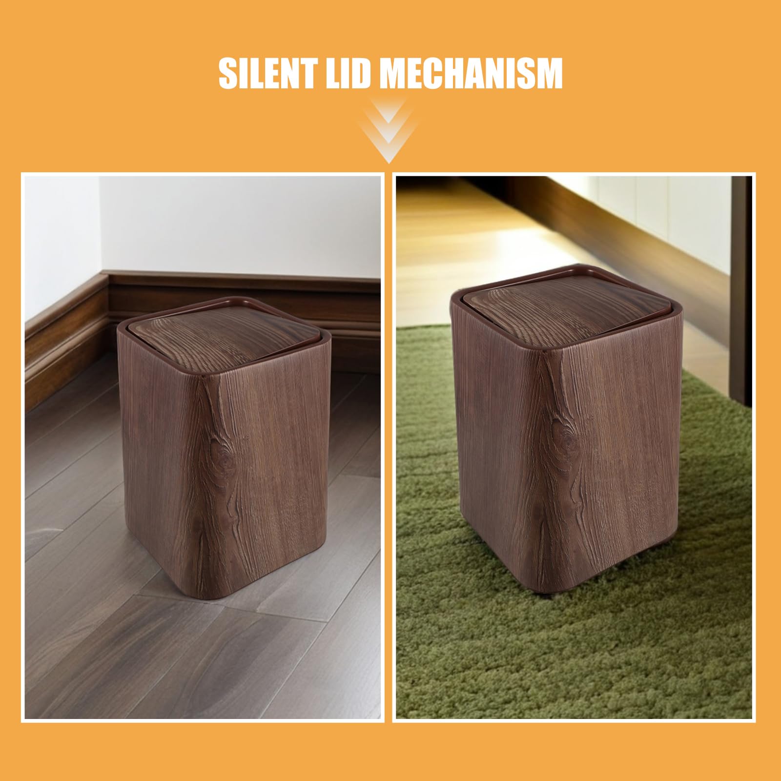 YARNOW Cubo de Basura Tapa Abatible 15 Litros, Imitación Madera en Nogal, Papelera para Uso Doméstico en Baño, Oficina y Sala, Resistente y Antiolor