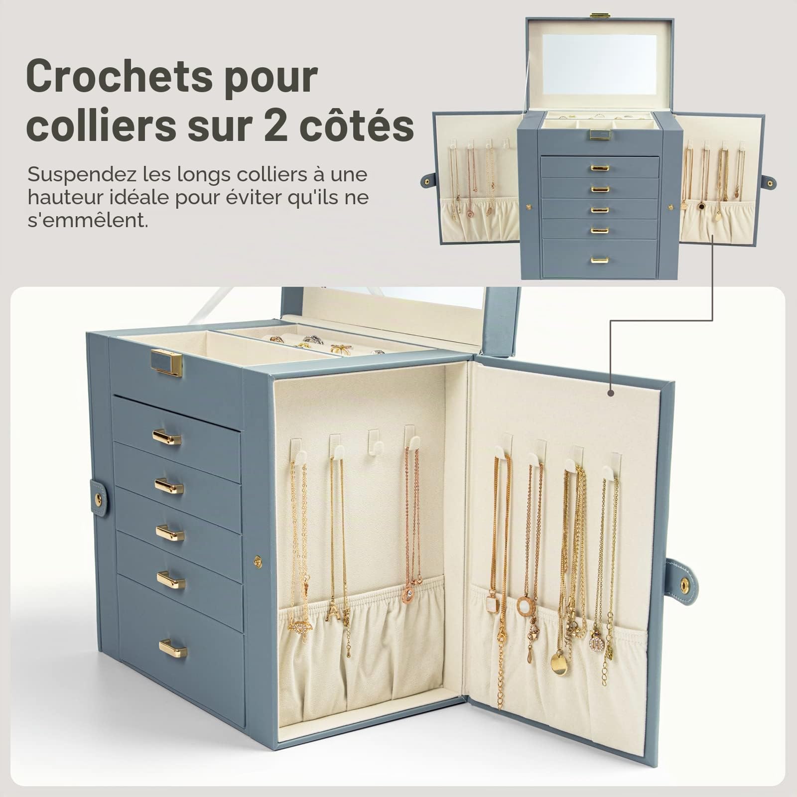 KAMIER Boîte à bijoux pour femme, grande boîte de rangement à bijoux à 6 couches avec miroir et 5 tiroirs pour bagues, boucles d'oreilles, collie, Bleu-Gris