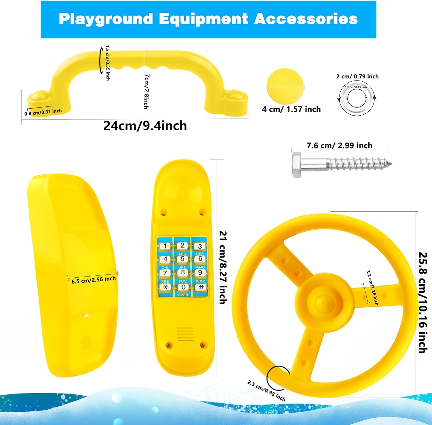 Playground Accessories Swingset Plastic Pirate Ship Steering Wheel Safety Handles Telephone for Kids Outdoor Playground Treehouse Jungle Gym Accessories (4 Pcs-Yellow Set)