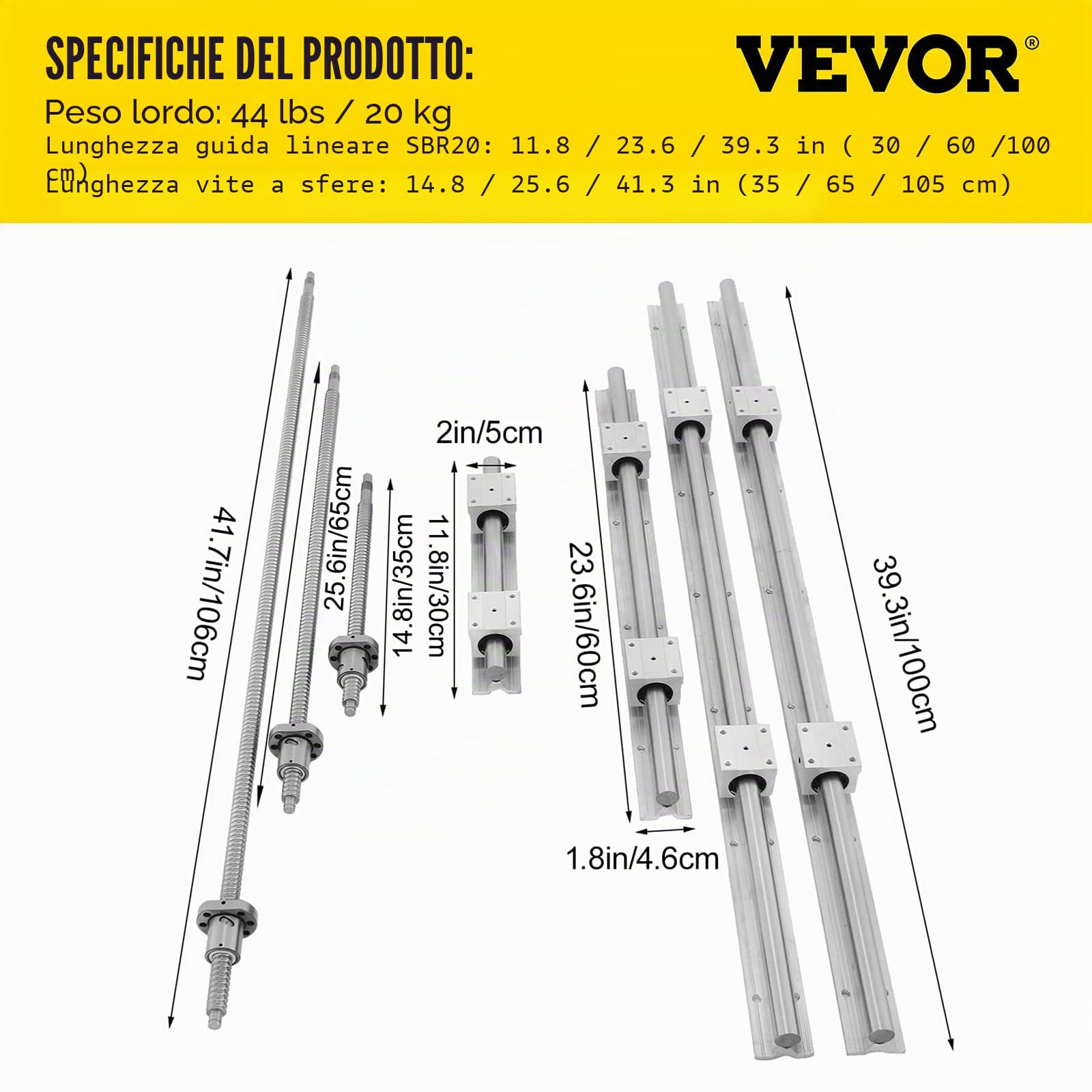 VEVOR Guida Lineare SBR20 da 6001000 mm, Set di Guide per Cuscinetti Lineari 300, con 3 Viti a Ricircolo di Sfere da C7, Materiale in Acciaio di Alta Qualità, Facile da Installare