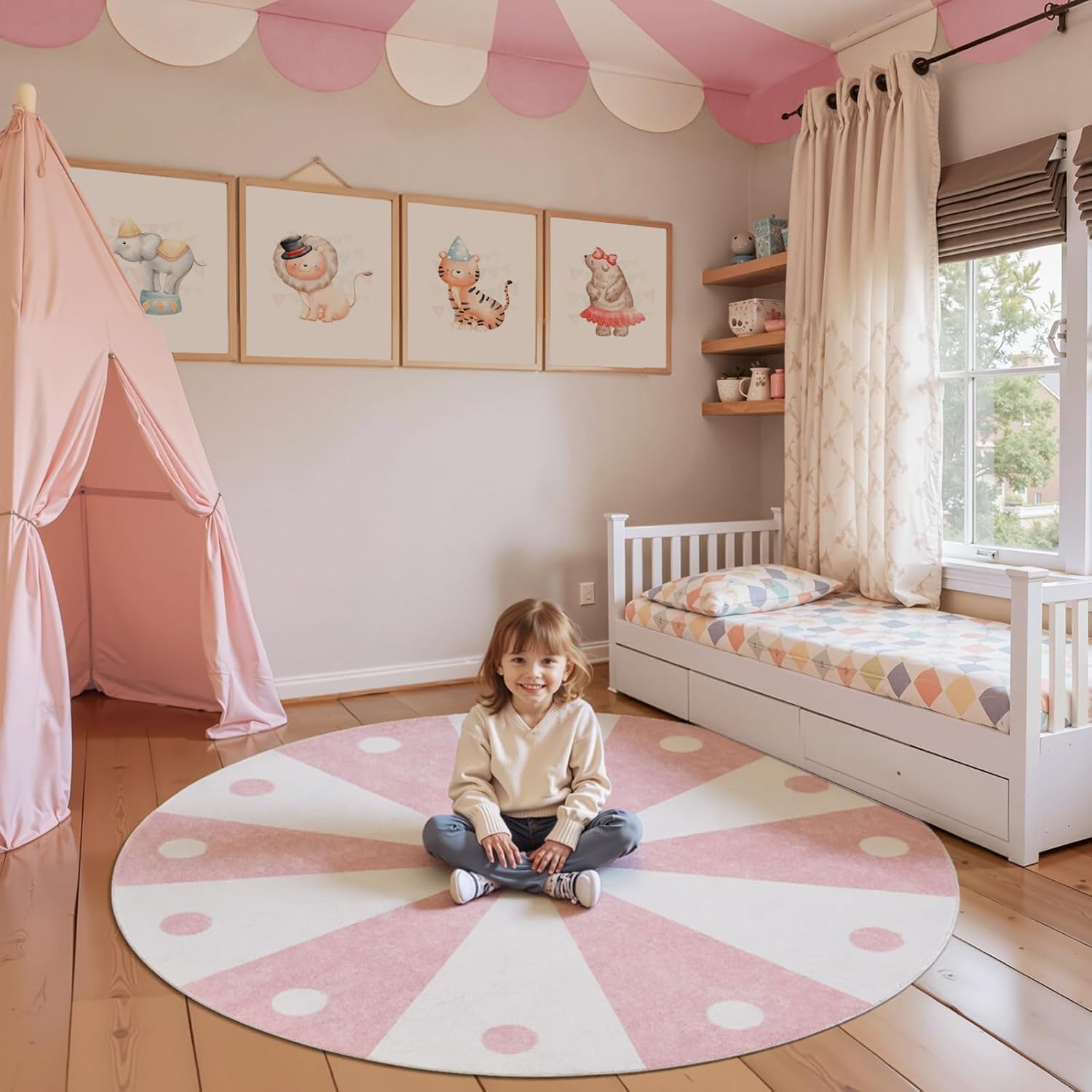 jinchan 5ft Round Rug Light Pink Washable Fun Cute Playroom Mat Non Slip Cheerful Circle Cool Rug Soft Cozy Low-Profile Playful Carousel Throw Carpet for Kids Gift Teens Dorm Entryway Bedroom