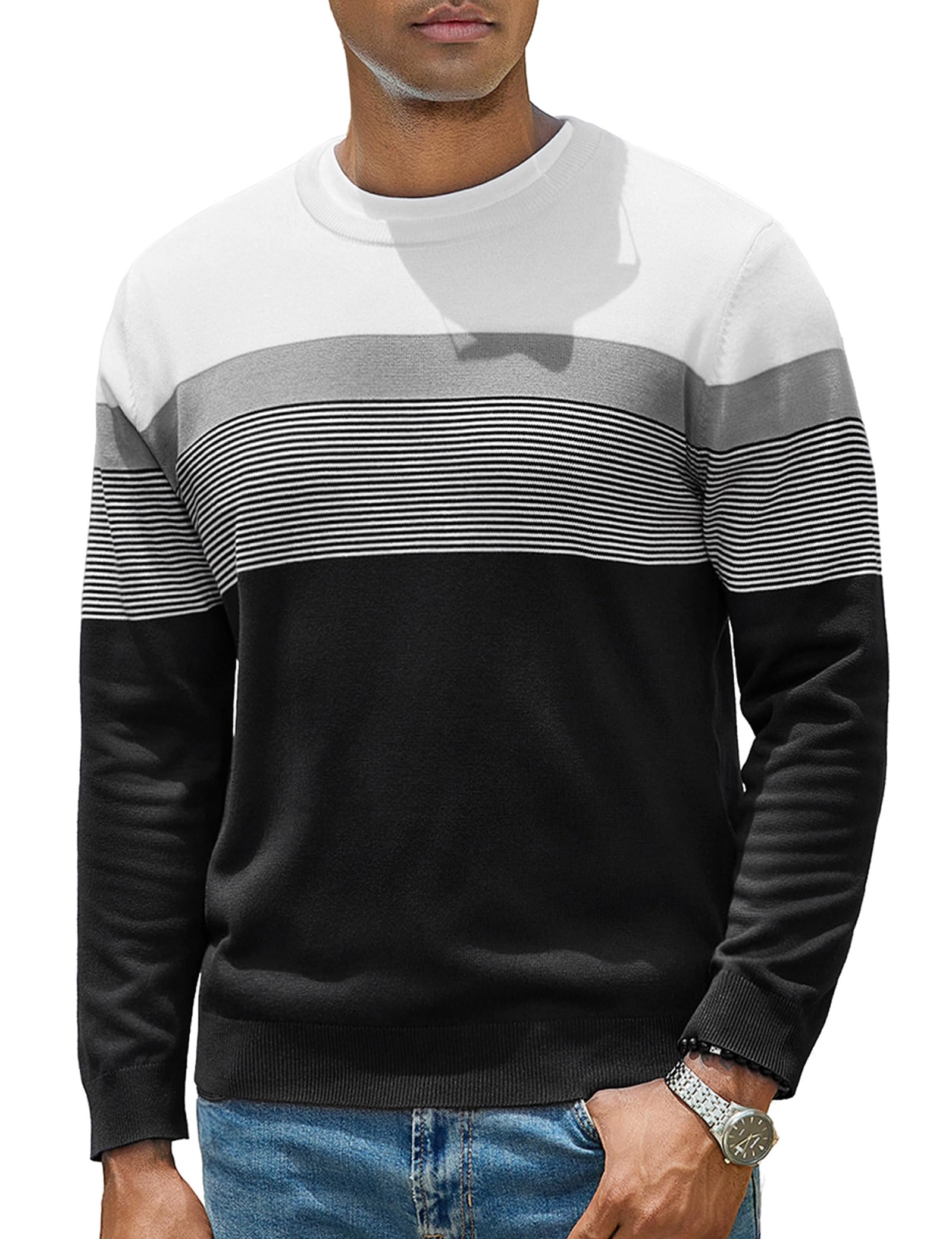 iClosam Pull Col Rond Homme rayé Pulls à Manches Longues tricoté Pullover Fin pour Hommes