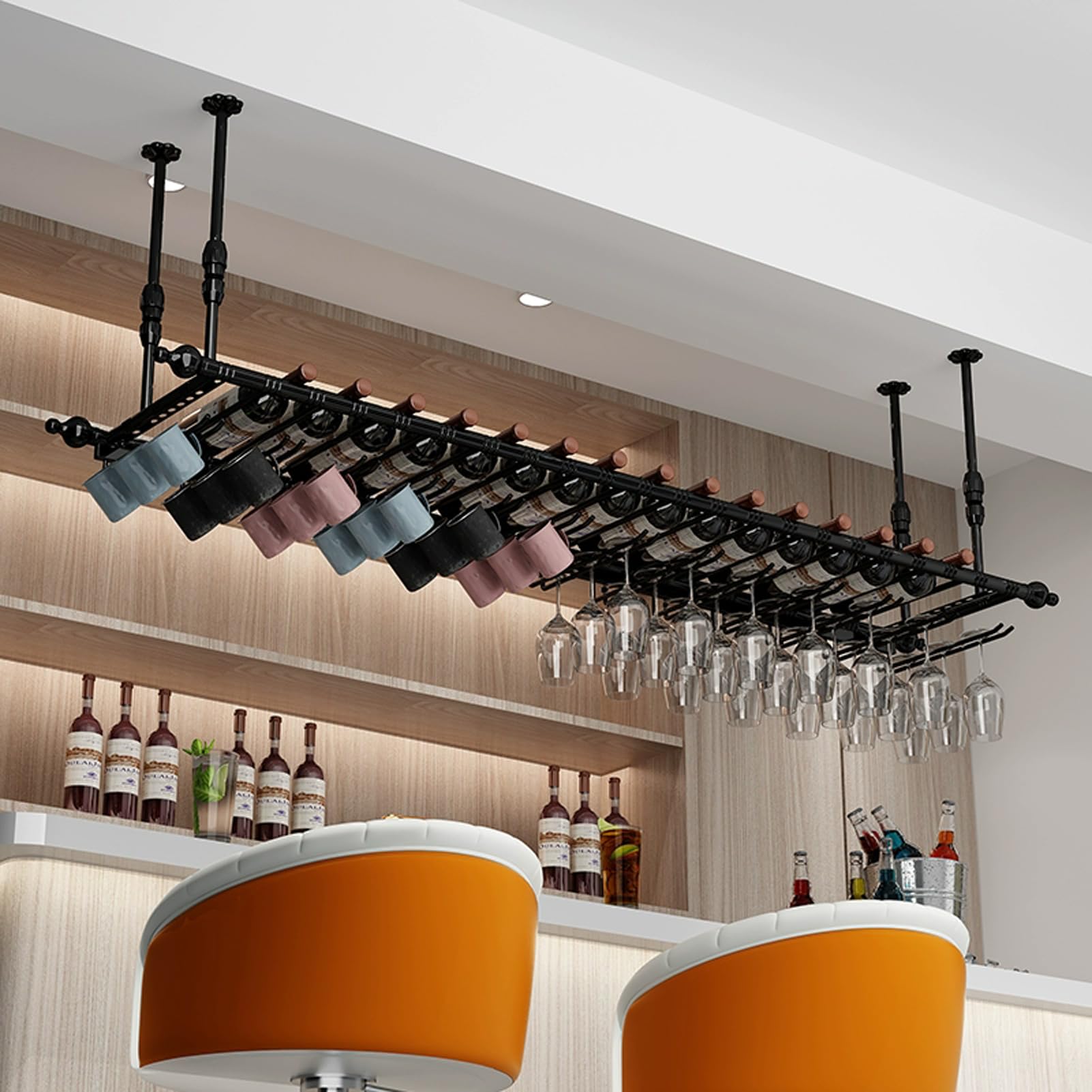 Estante industrial para copas de vino montado en la pared, soporte de metal ajustable para el hogar, bar y cocina, elegante estante de vino de hierro (negro, 60 x 30 cm)
