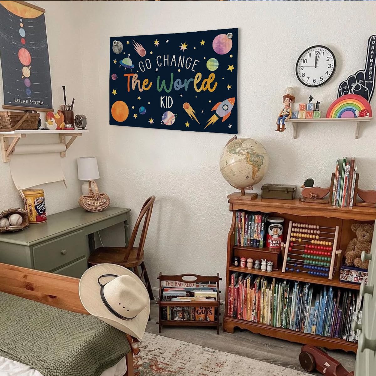 Playroom Wall Decor, Go Change The World Club Classroom Decor Hanging Linen Banner,Play Room Wall Decor for Nursery Toddler, 20x30 Inch image 3