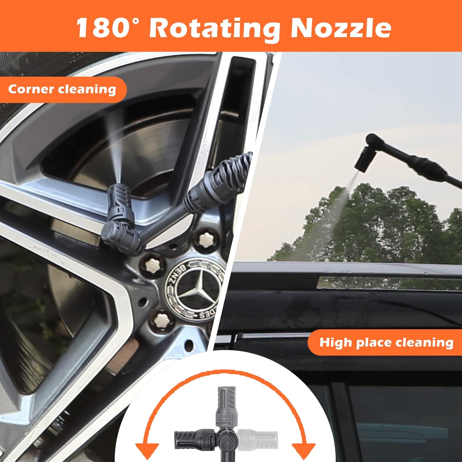 Collage of images showing the pressure washer being used for car washing, cleaning outdoor chairs, and general outdoor cleaning.