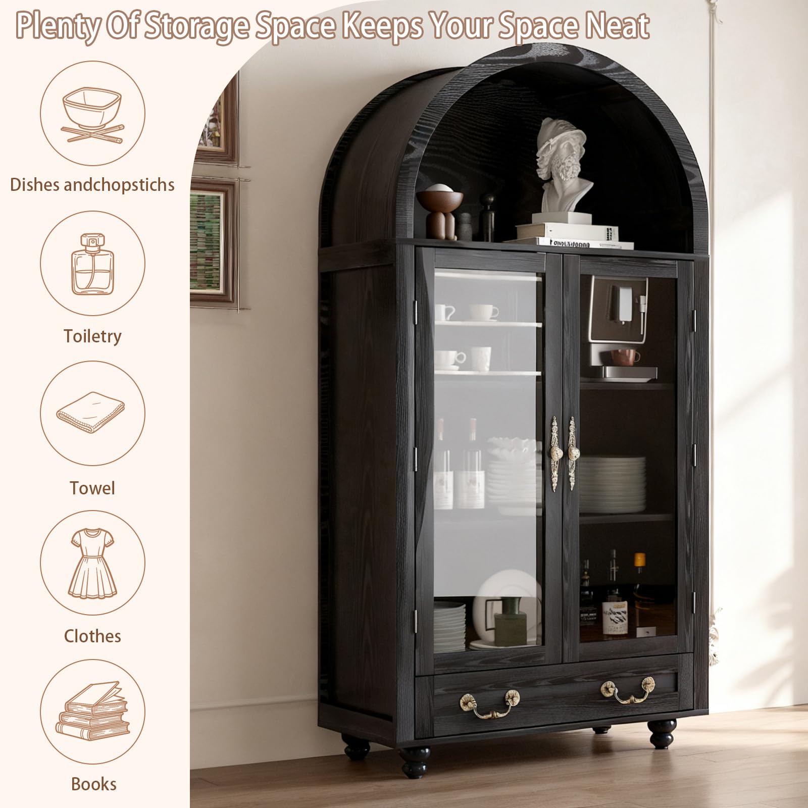 Vitrina de madera con puertas de cristal y parte superior en forma de arco, amplio espacio de almacenamiento para libros, platos y más, acabado negro resistente con asas doradas, 31 pulgadas