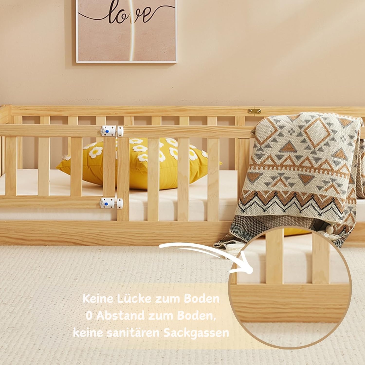 LALAHO 2-in-1 Bodenbett Montessori Kinderbett mit freien Toren, 140×200 cm Herausfallschutz & Lattenrost | Gitterbett, Kinder-Jugendbett, Einzelbett | bis 300 kg Tragfähigkeit, umbaubar（Natur）