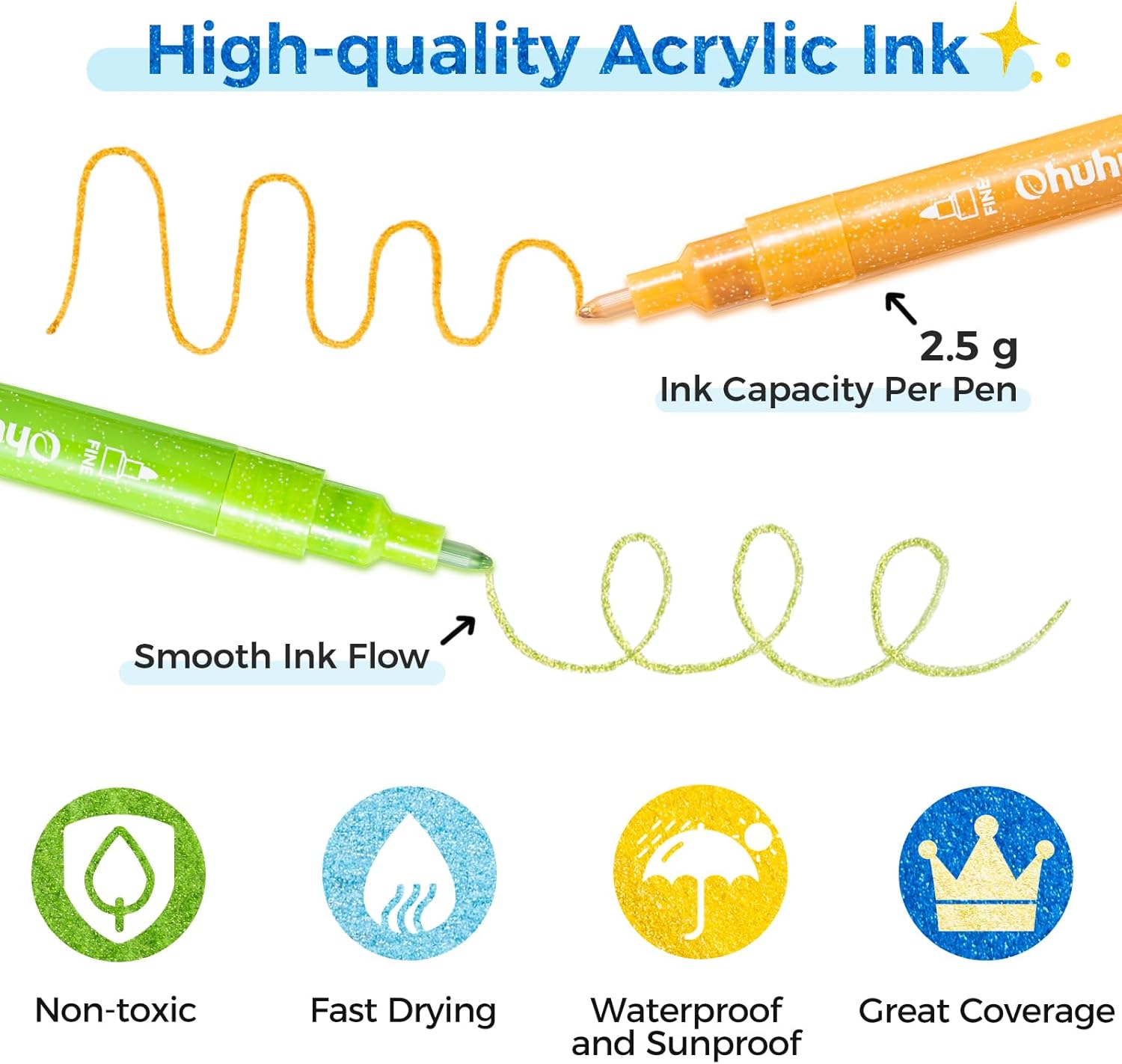 Ohuhu Acrylic Glitter Markers, 24 Metallic Glitter Colors, Fine Tip Paint Pens for Fine Details & Shimmer Accents, Water-Based & Quick Dry, for DIY Crafts, Cards, Journals, Wood & Rock Painting