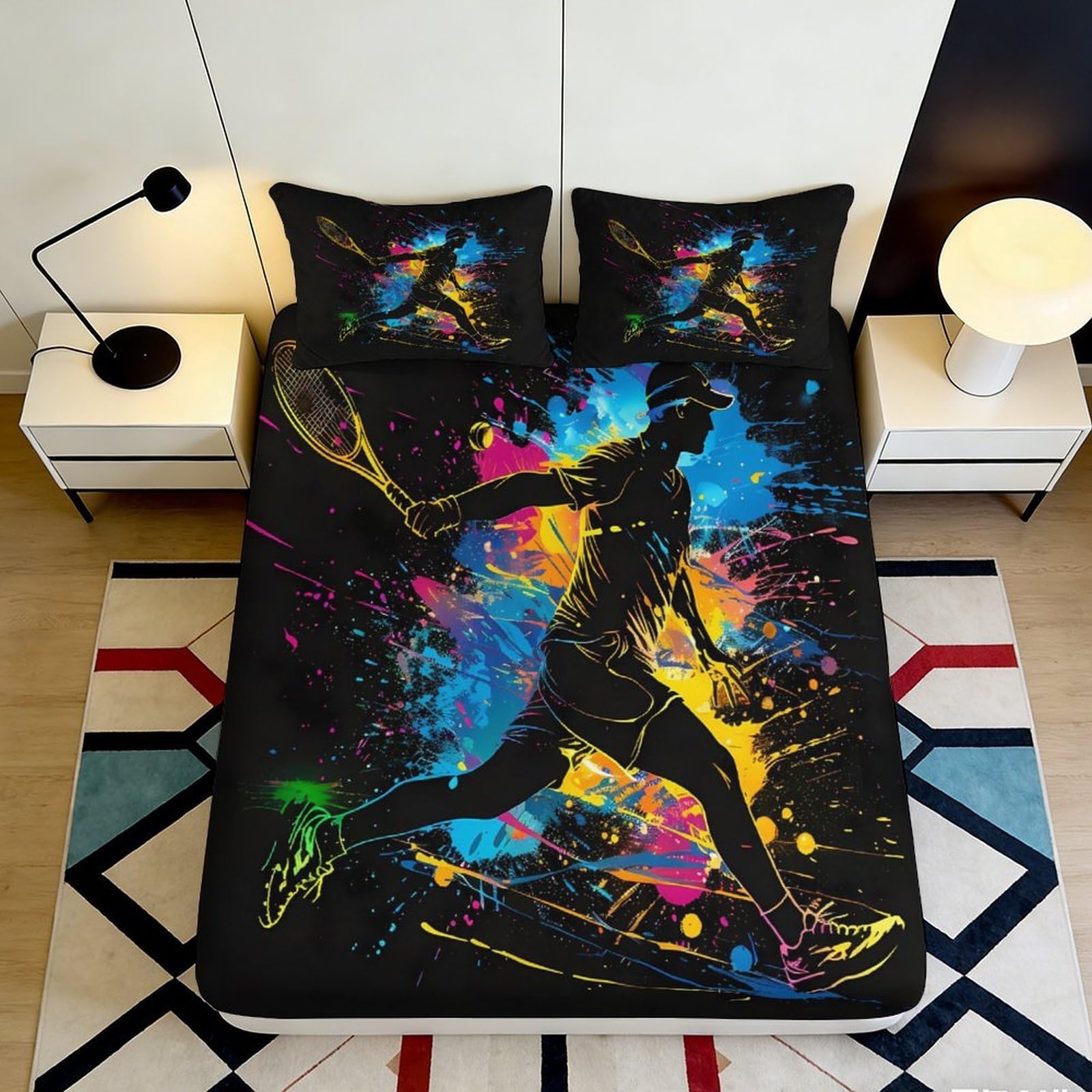 Dhbaneiok Style-10 3D Printed Tennis Player Fitted Sheet Microfiber Soft Breathable Abstract Splash Bed Cover For Bedroom Guest Room Decor 90X200x25cm