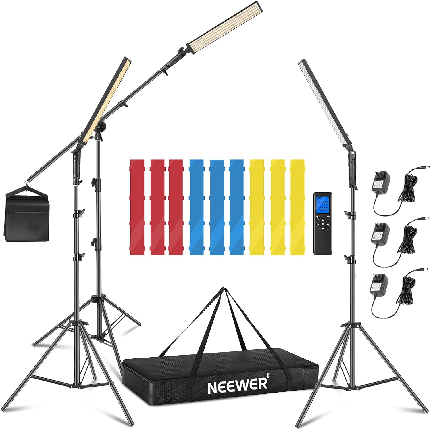 Neewer 3 Packs 2.4 GHz LED Light Stick Photography Lighting Kit with 3 Color Filters - Remote Dimmable 3200k-5600K 21W CRI 95 with Boom Arm Stand, Filters(Red/Yellow/Blue) and Bag, Battery Applicable