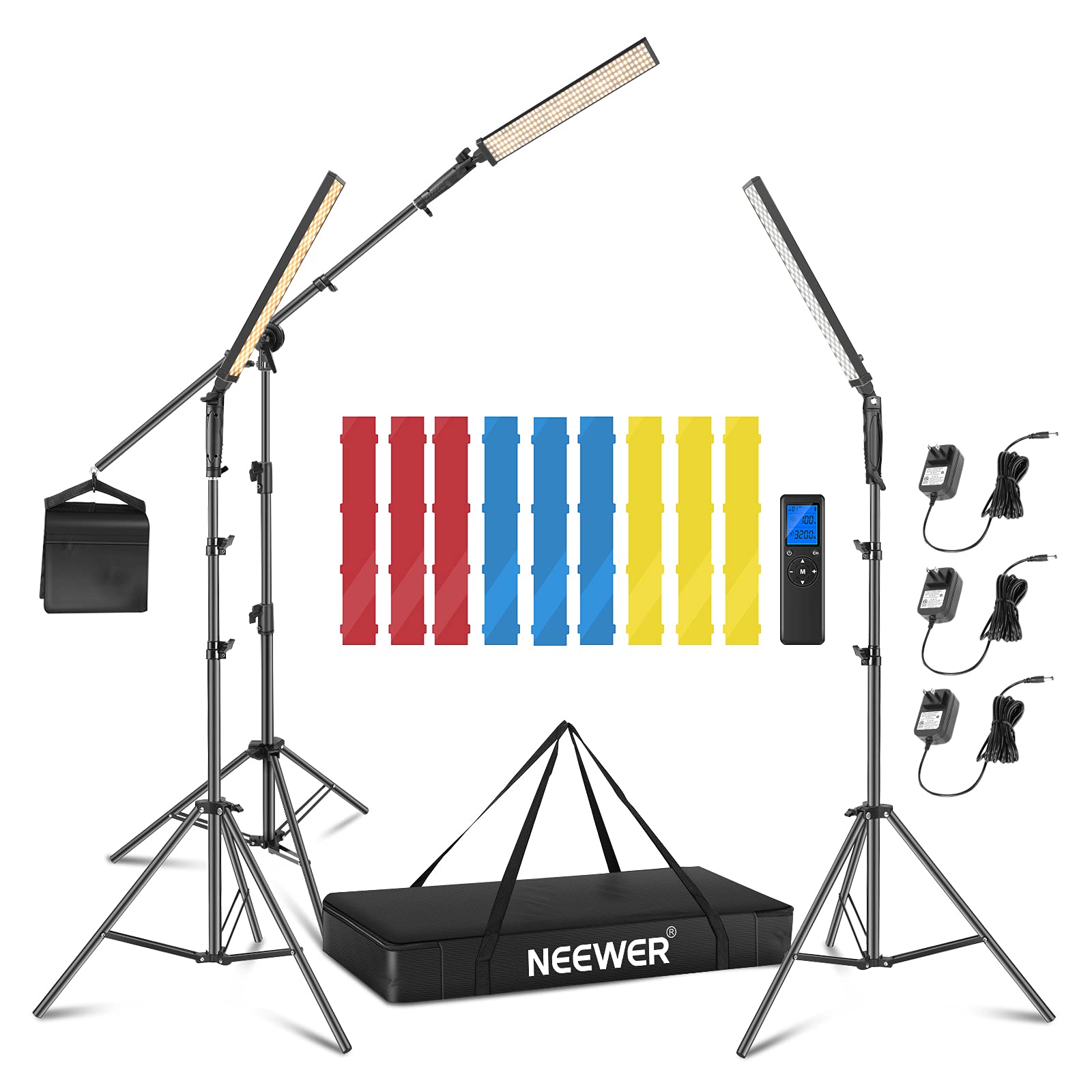 Photo 1 of Neewer 3 Packs 2.4 GHz LED Light Stick Photography Lighting Kit with 3 Color Filters - Remote Dimmable 3200k-5600K 21W CRI 95 with Boom Arm Stand, Filters(Red/Yellow/Blue) and Bag, Battery Applicable
