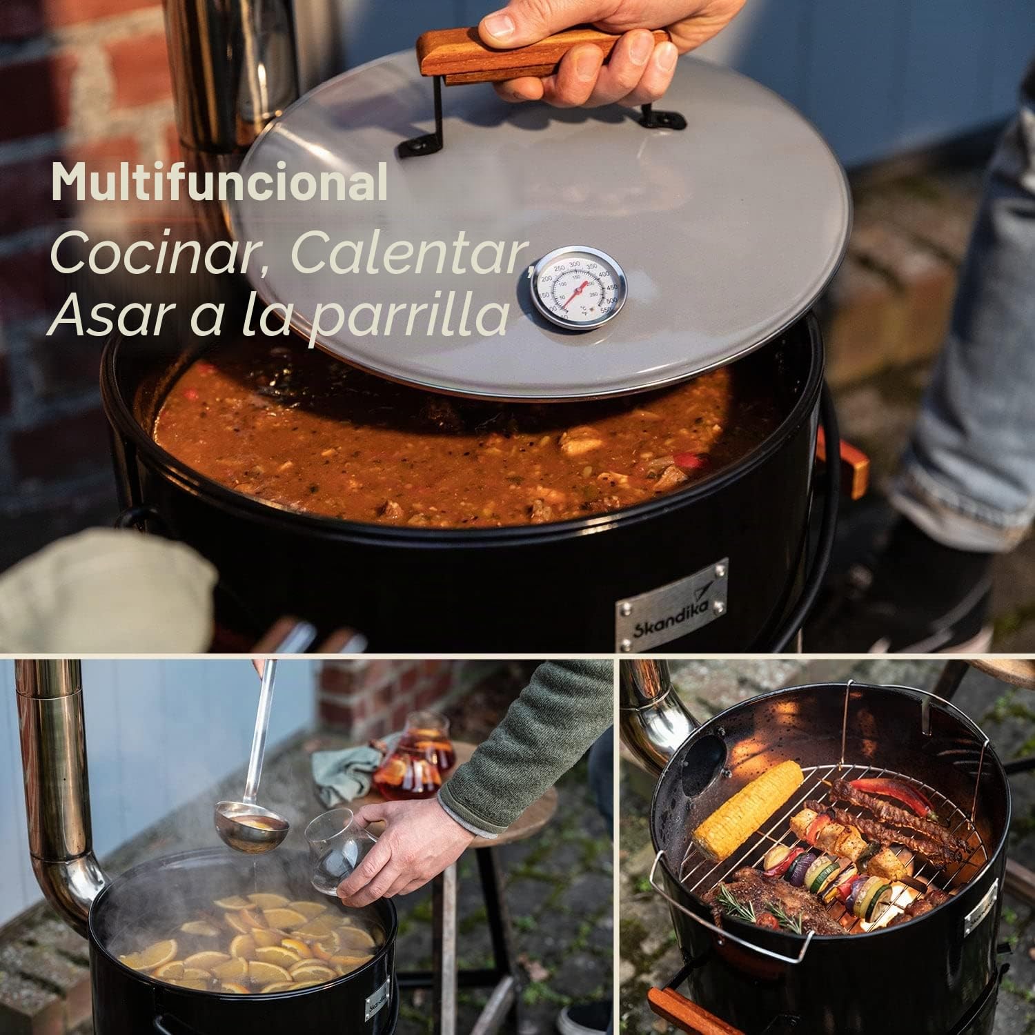 Skandika Olla/Horno Húngaro para 14 litros, termómetro en la tapa, accesorios, cucharón sopa, guante horno, pinzas y parrilla para barbacoa, asas de madera, tubo de chimenea variable