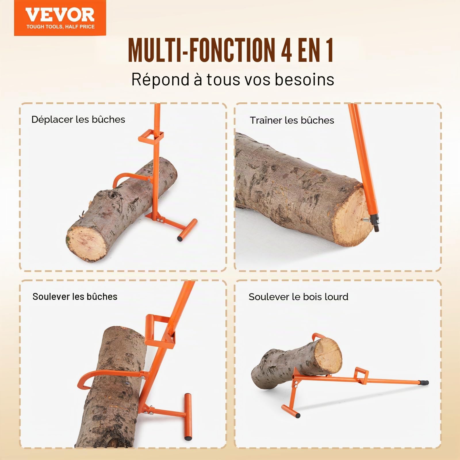 VEVOR Cric à bûches 1219 mm, lève-bûches en acier robuste 4 en 1, lève-tronc d'arbre multifonctionnel à poignée en métal avec crochet d'inclinaison réglable, pour rouler, couper et soulever des bûches