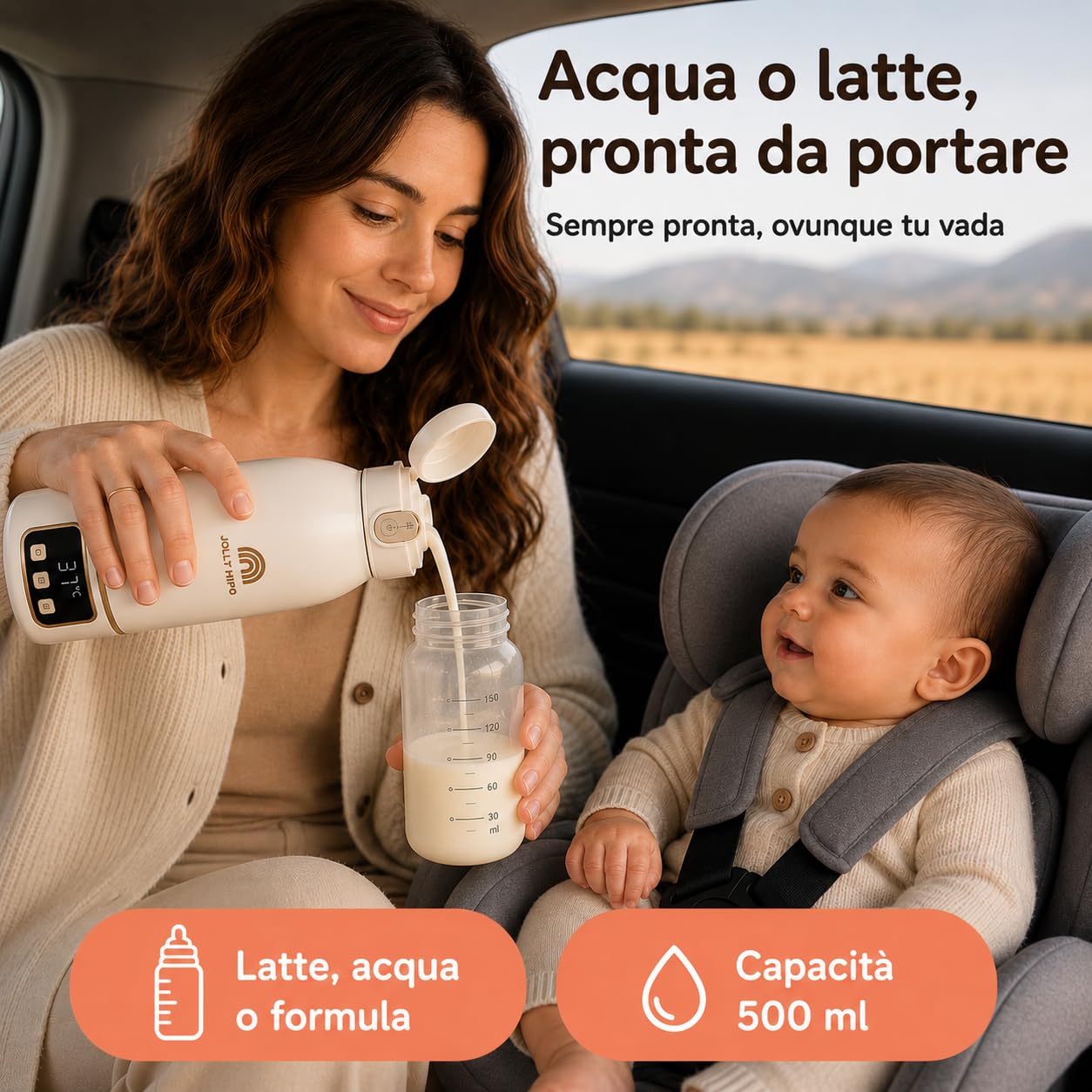 Scaldabiberon Portatile Senza Fili 500ml, Acciaio Inox, Temperatura Regolabile 35-55°C, Acqua e Latte Materno, Viaggio/Auto/Notte, Spazzolino Incluso, Design Dorato Premium