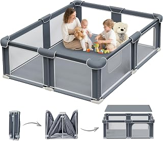 Foldable Playpen for Babies and Toddlers, 59"x71" Portable Play Yard with Mat, Kids Collapsible Play Pen with Sturdy Metal Frame & Mesh Walls, Indoor & Outdoor Baby Fence Play Area