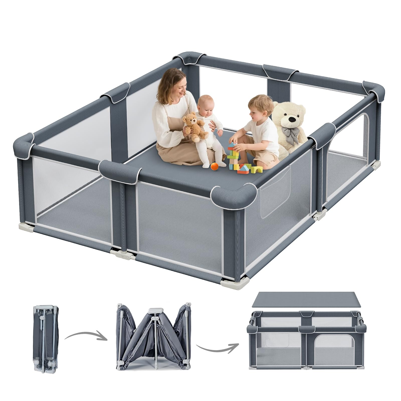 G TALECO GEAR Foldable Playpen for Babies and Toddlers, 59"x71" Portable Play Yard with Mat, Kids Collapsible Play Pen with Sturdy Metal Frame & Mesh